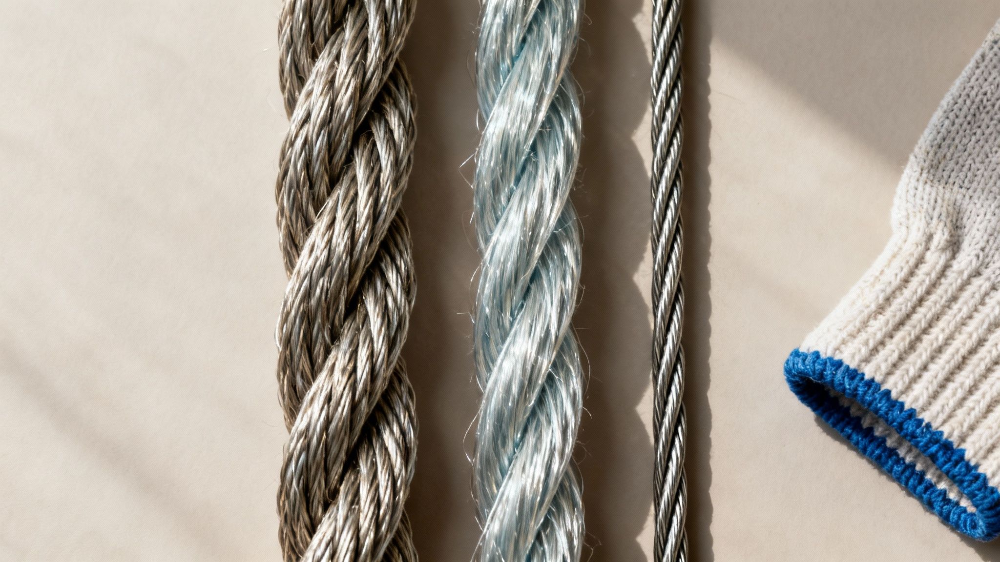 Close-up of three different industrial ropes or cables alongside a white work glove.