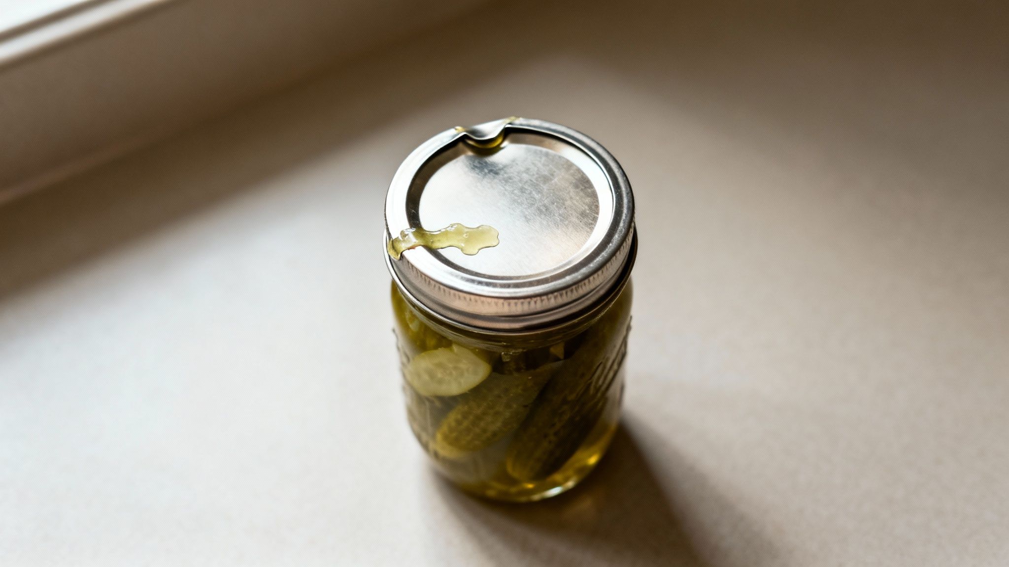 A glass canning jar filled with green pickles, with some liquid oozing from under the metal lid.