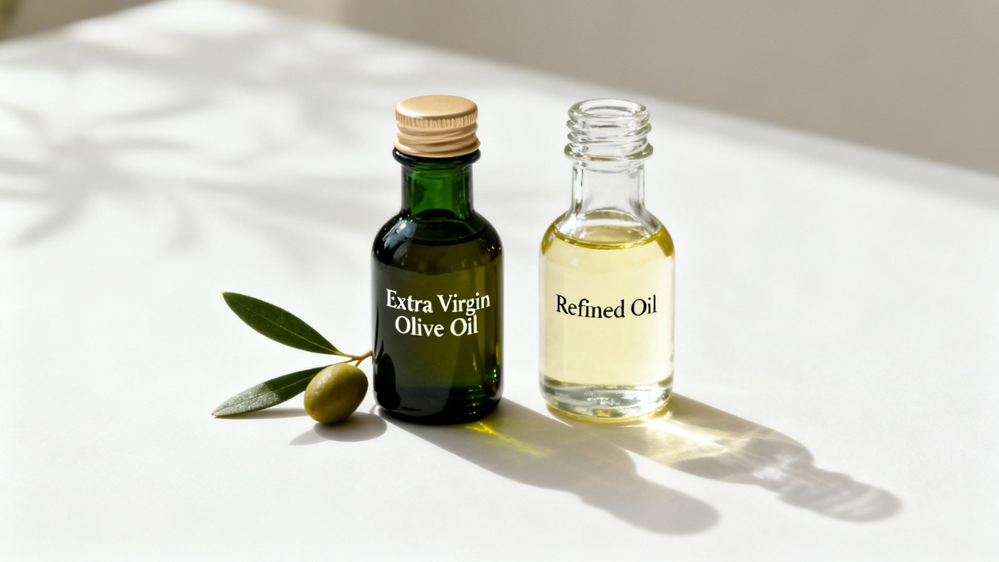Two small bottles, extra virgin olive oil and refined oil, with an olive sprig on a white surface.