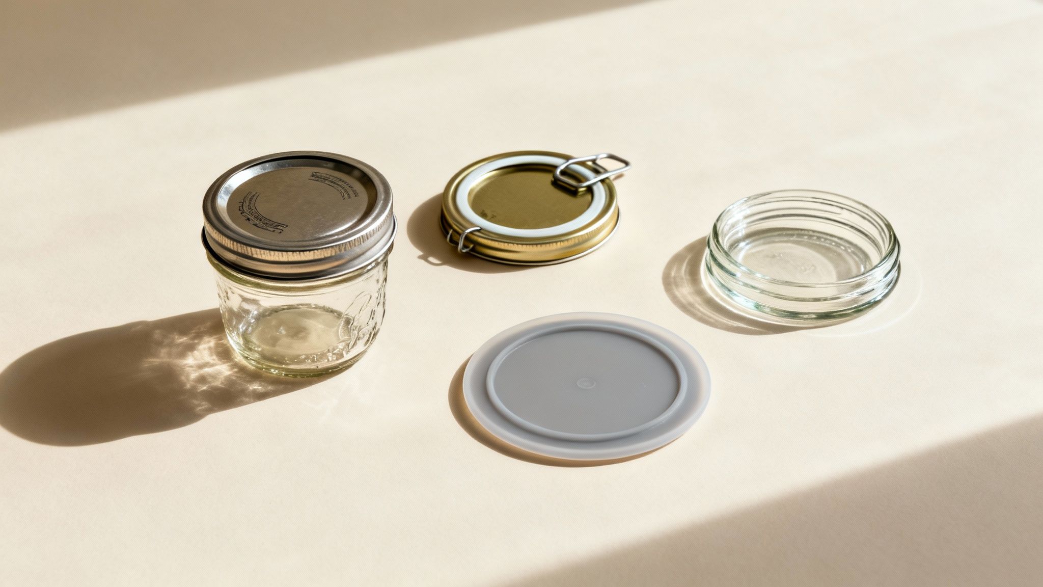 Various canning jar lids and glass jars displayed on a light surface with sunlight.