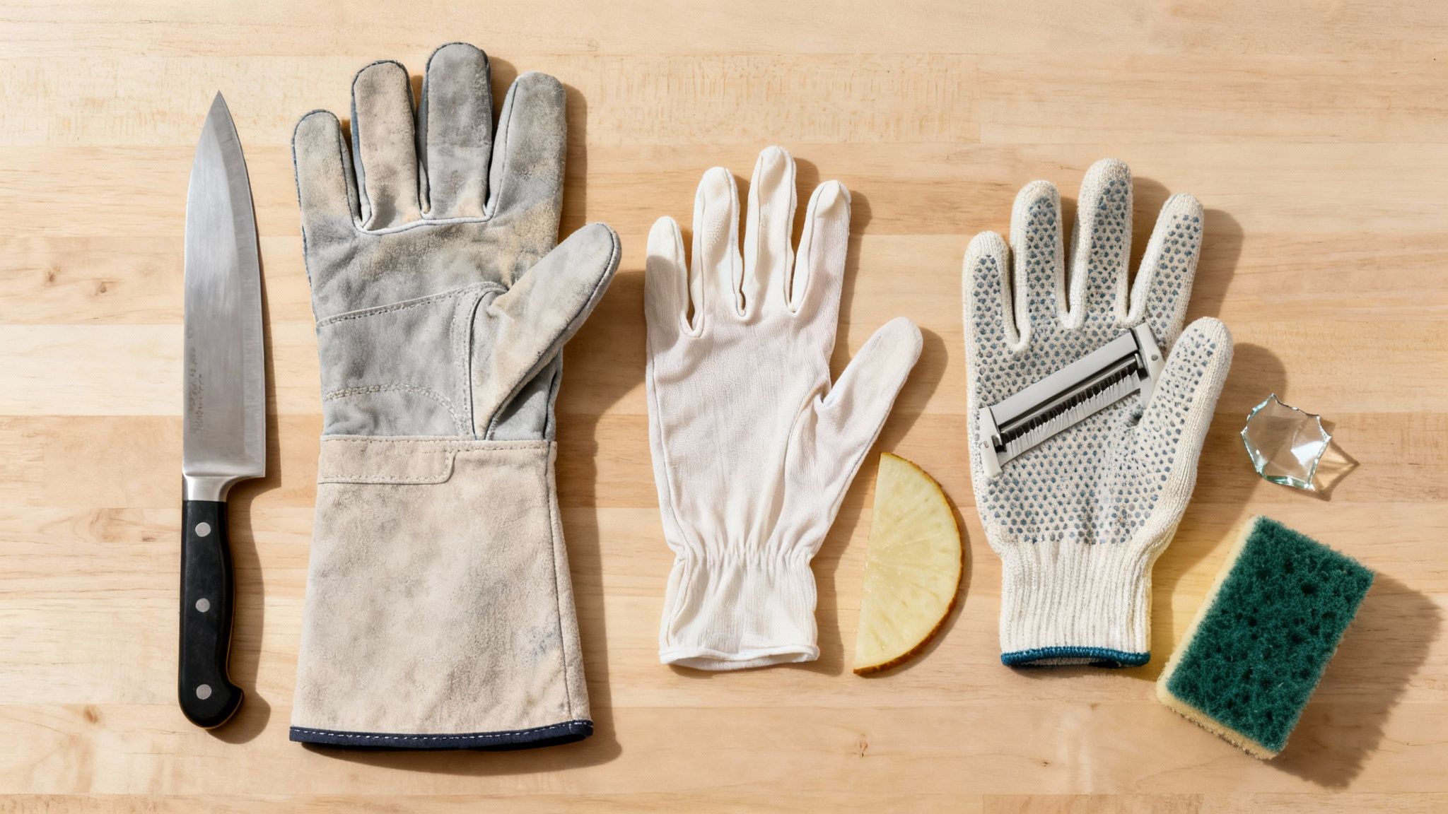 Various protective gloves, a knife, peeler, potato slice, and broken glass on wood.