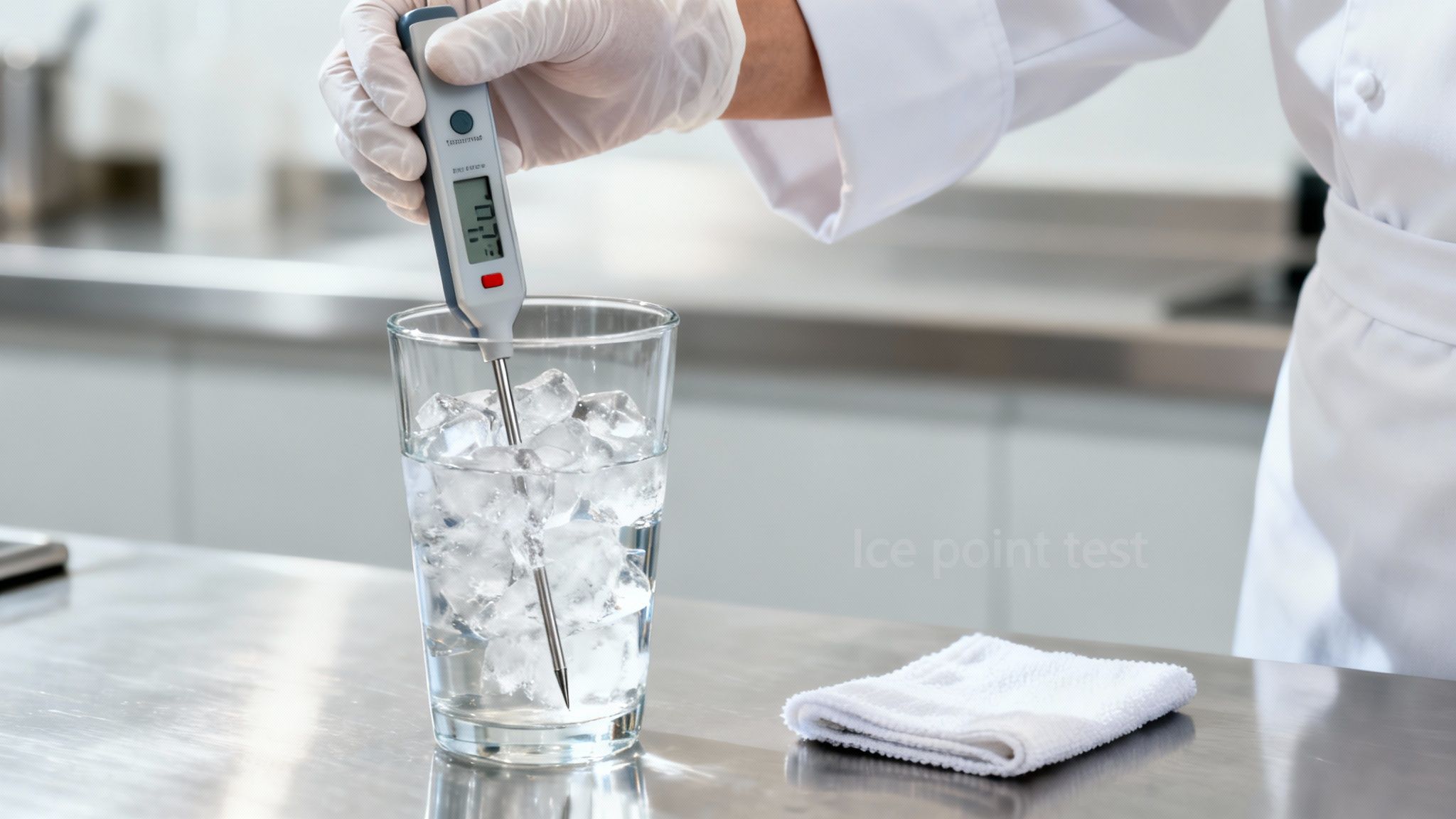 A gloved hand holds a digital thermometer in a glass of ice water, performing an ice point test.