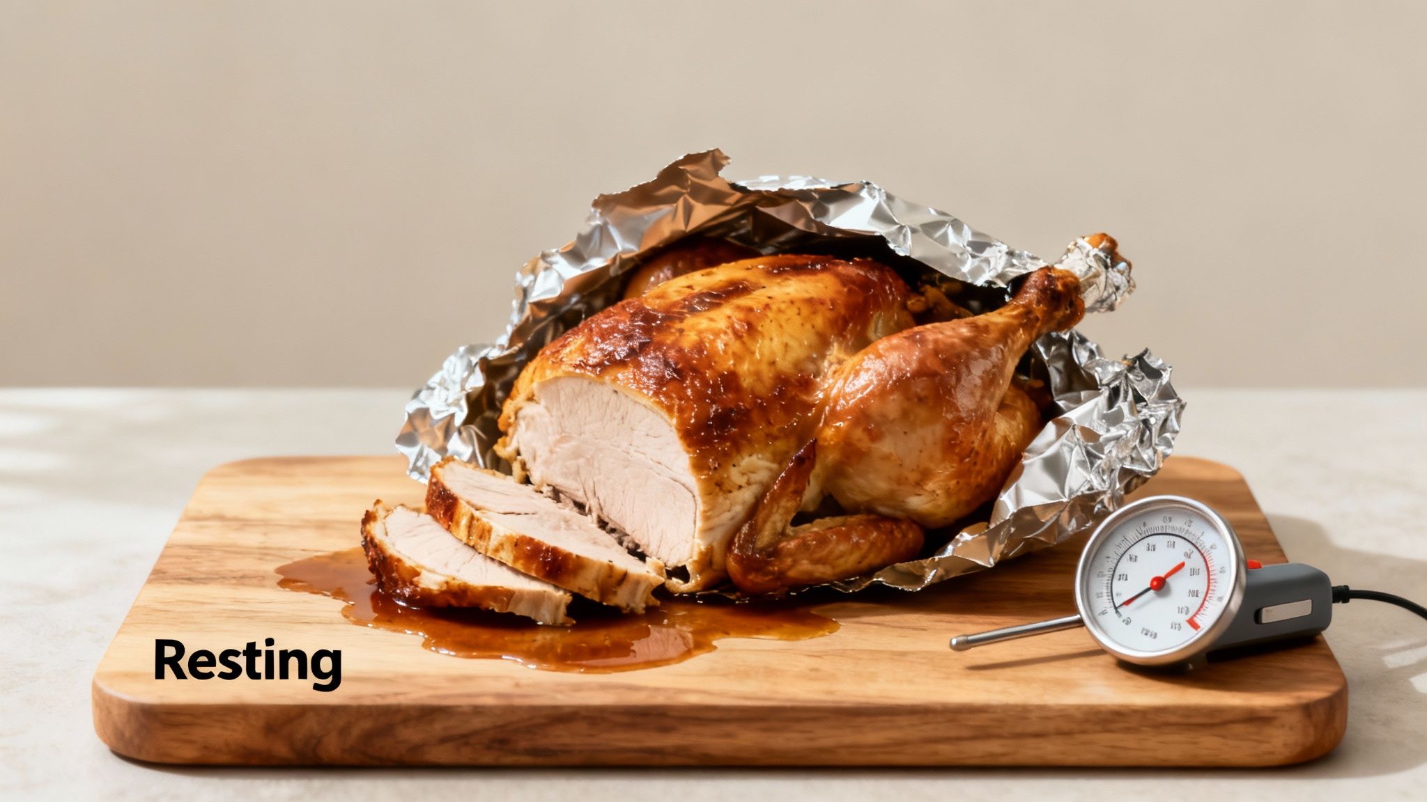 A perfectly roasted chicken, partially sliced, rests on a cutting board with a meat thermometer.