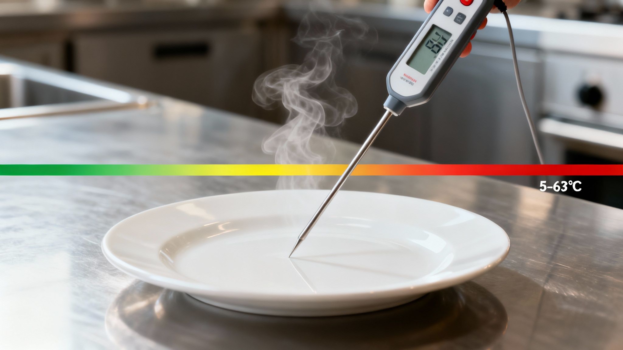 A digital thermometer measures food temperature on a plate in a kitchen, with a food safety chart indicating safe and danger zones.