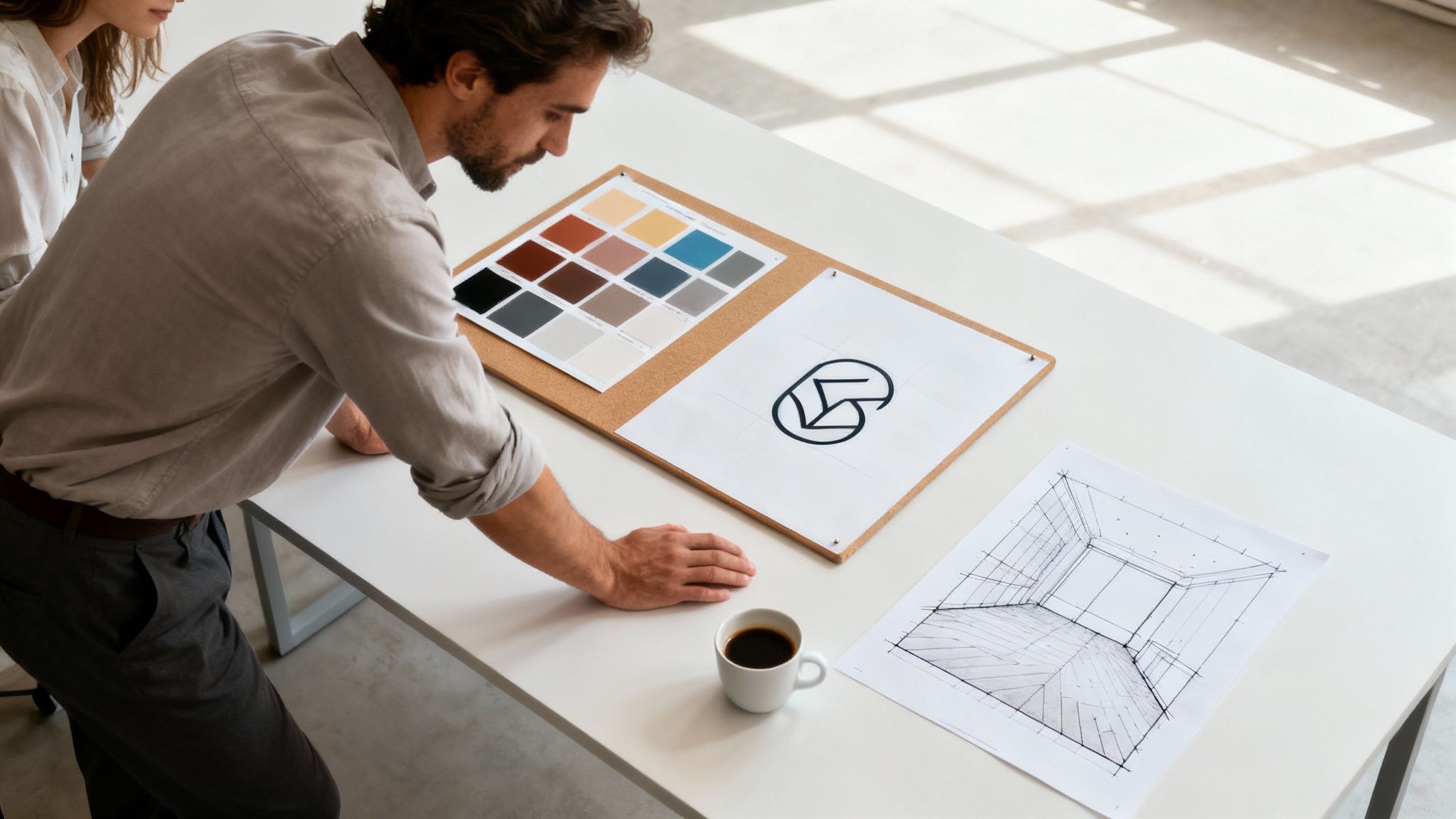 Design team reviewing color palette, logo sketch, and architectural drawings for restaurant branding project