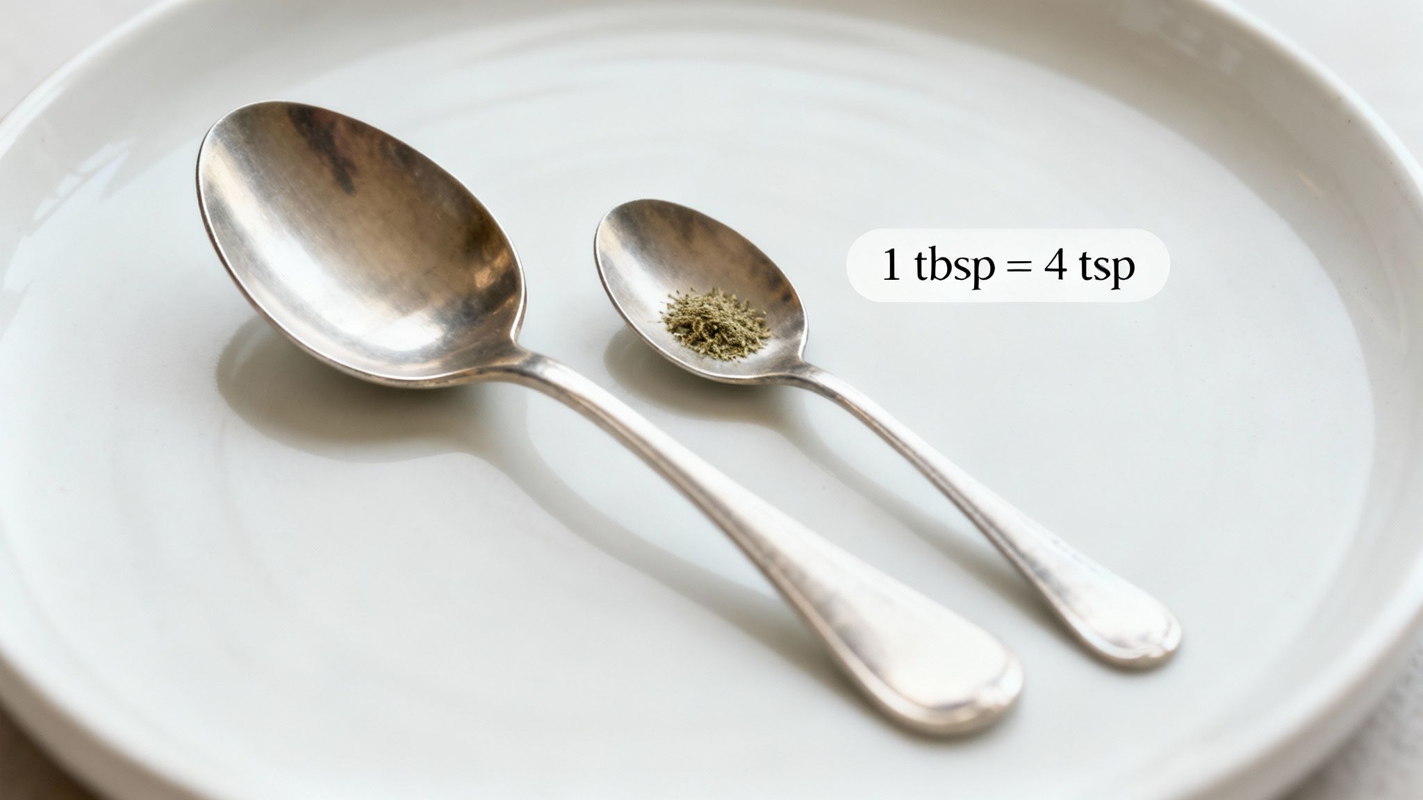 Two silver measuring spoons on a white plate, one with dried herbs, next to a conversion '1 tbsp = 4 tsp'.