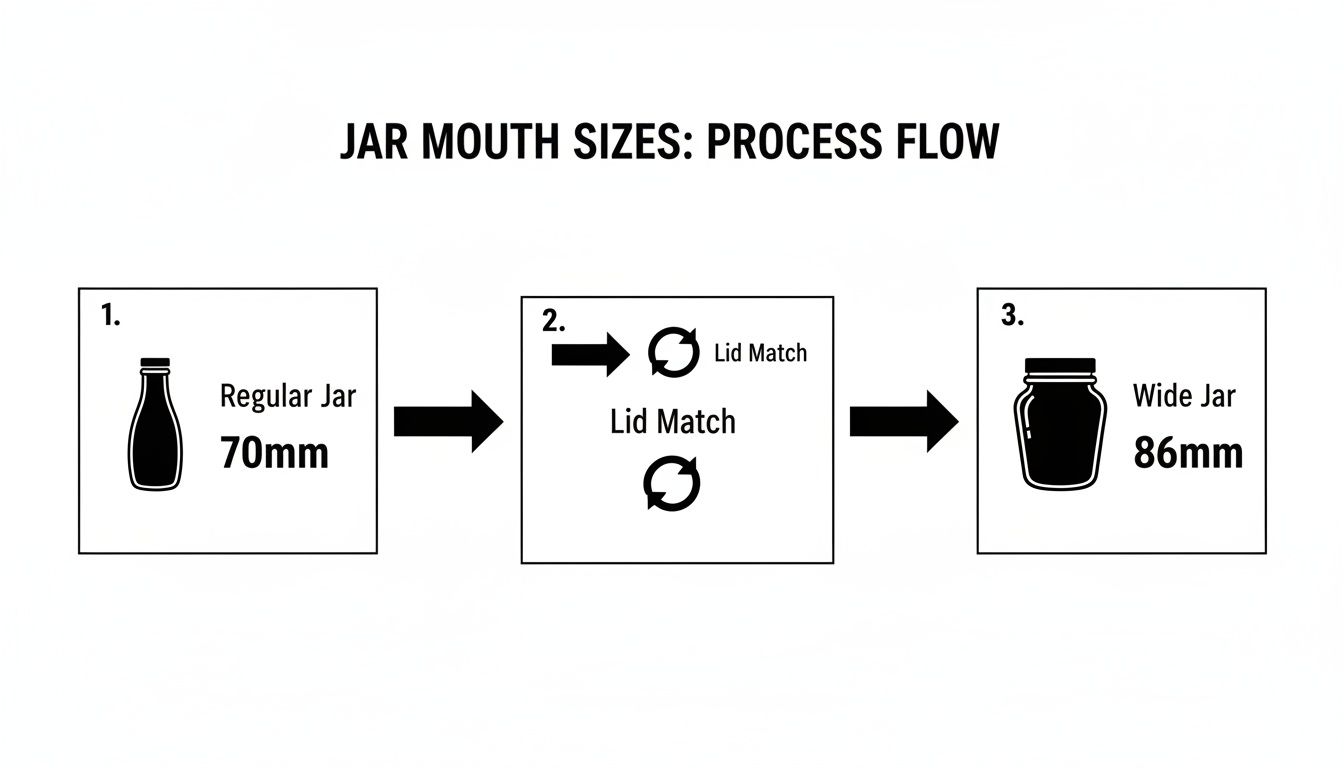 Process flow diagram showing regular 70mm jar evolving to wide 86mm jar through lid matching.