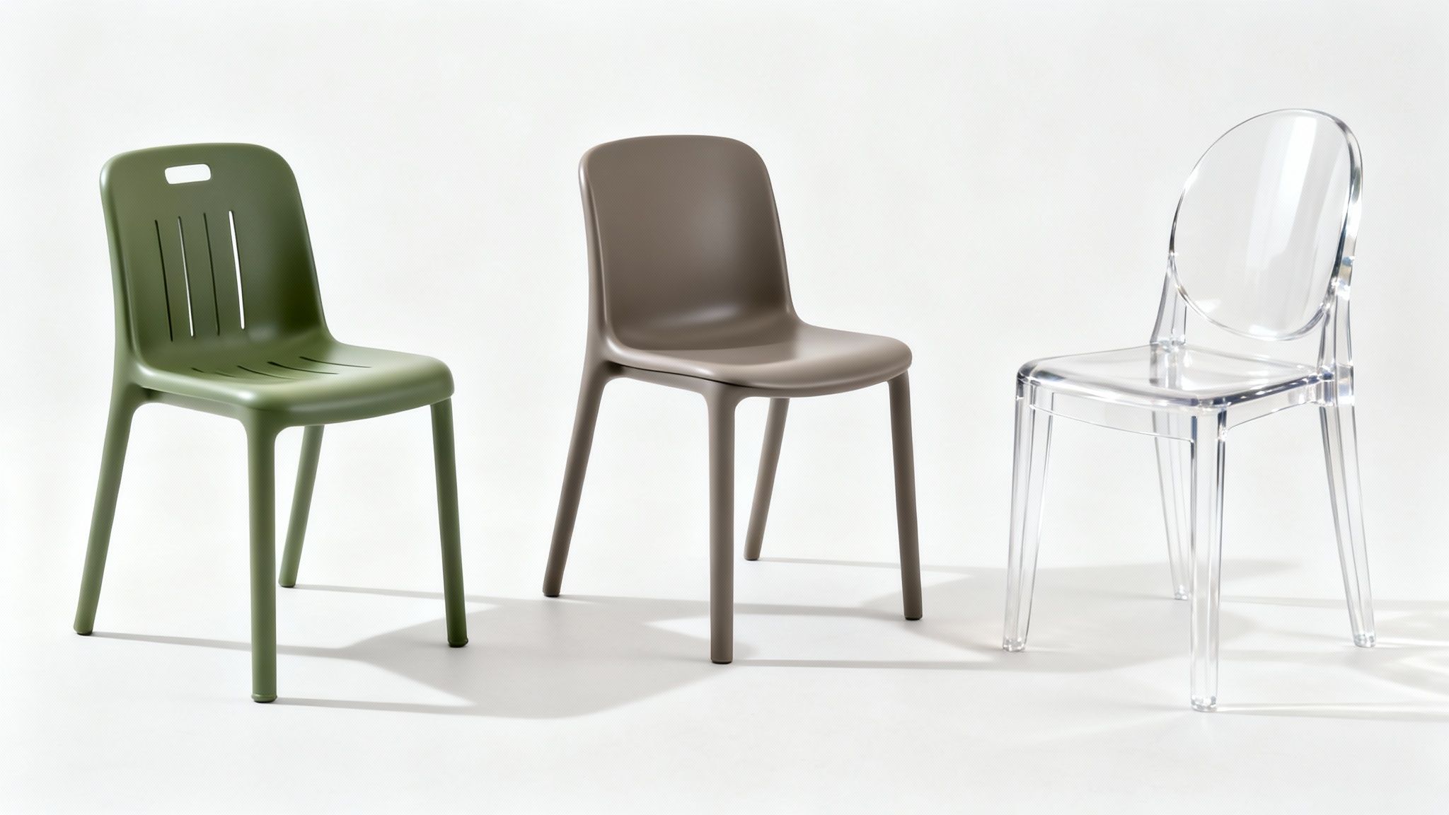 Three contemporary plastic chairs: green, taupe, and clear, arranged on a bright white background.