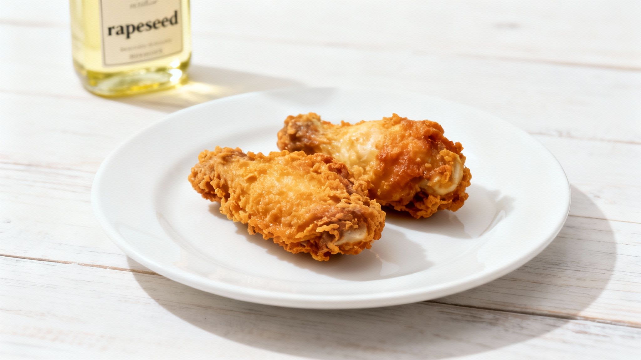 Two golden-brown crispy fried chicken drumsticks on a white plate with a bottle of rapeseed oil in background.