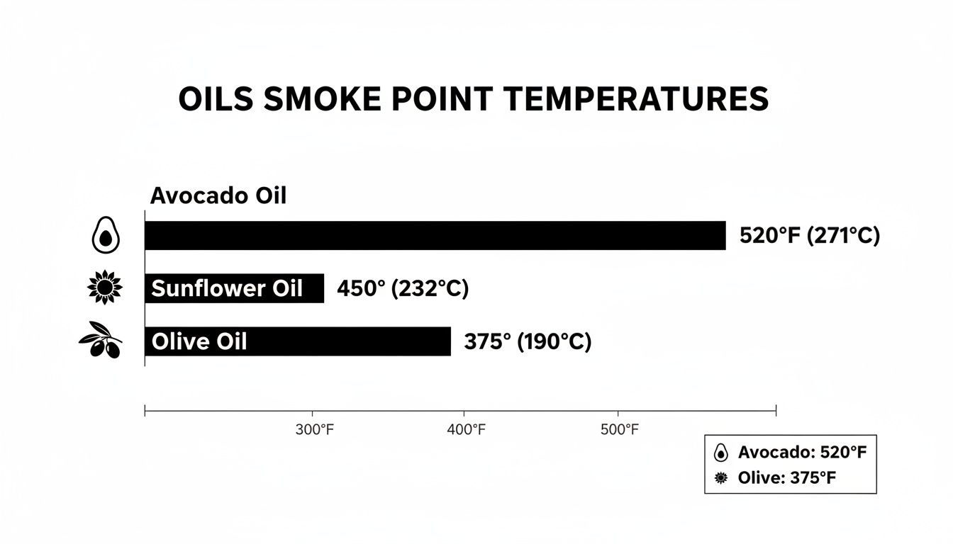 Bar chart comparing the smoke point temperatures of avocado, sunflower, and olive oils.