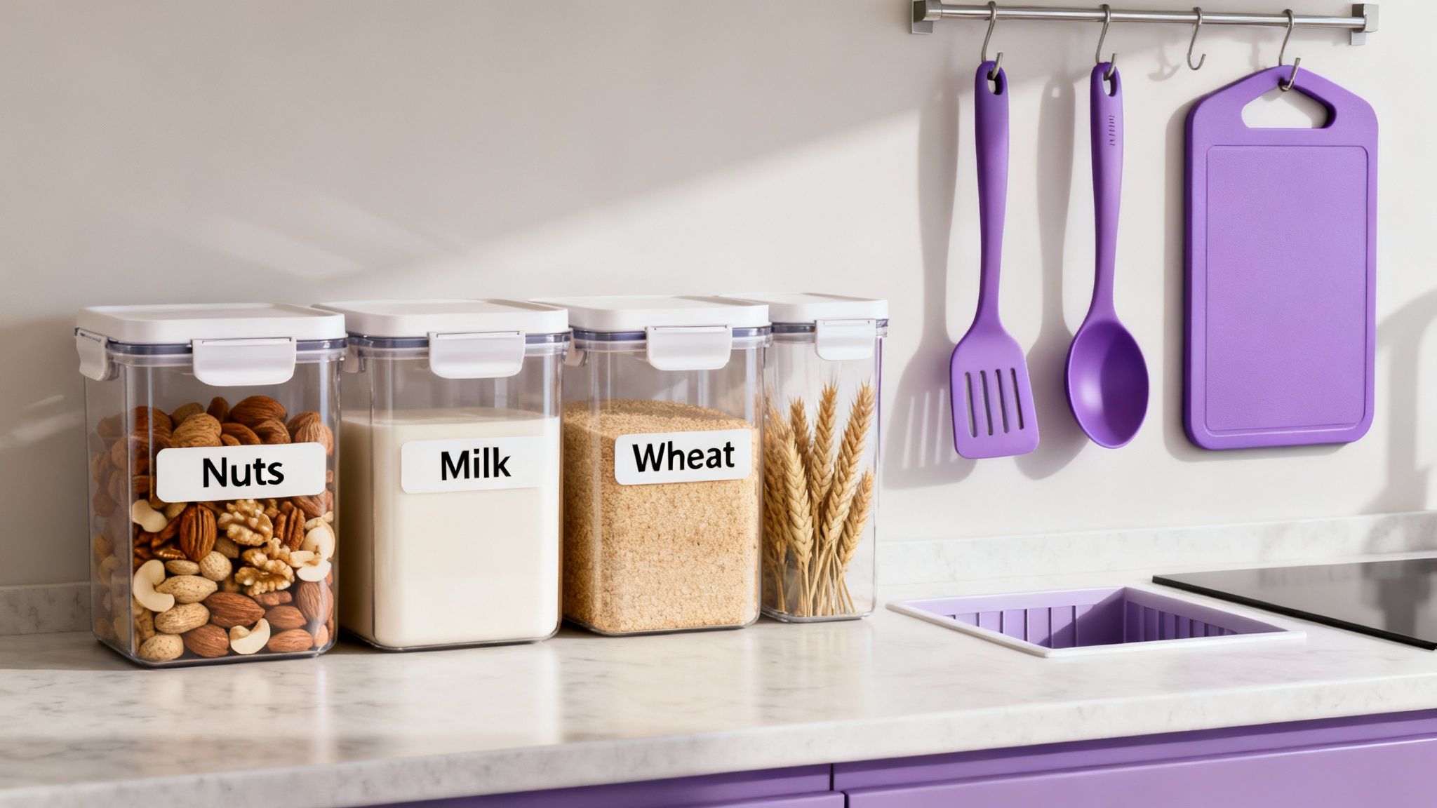 Clear food storage containers labeled nuts, milk, and wheat on a kitchen counter with purple utensils.