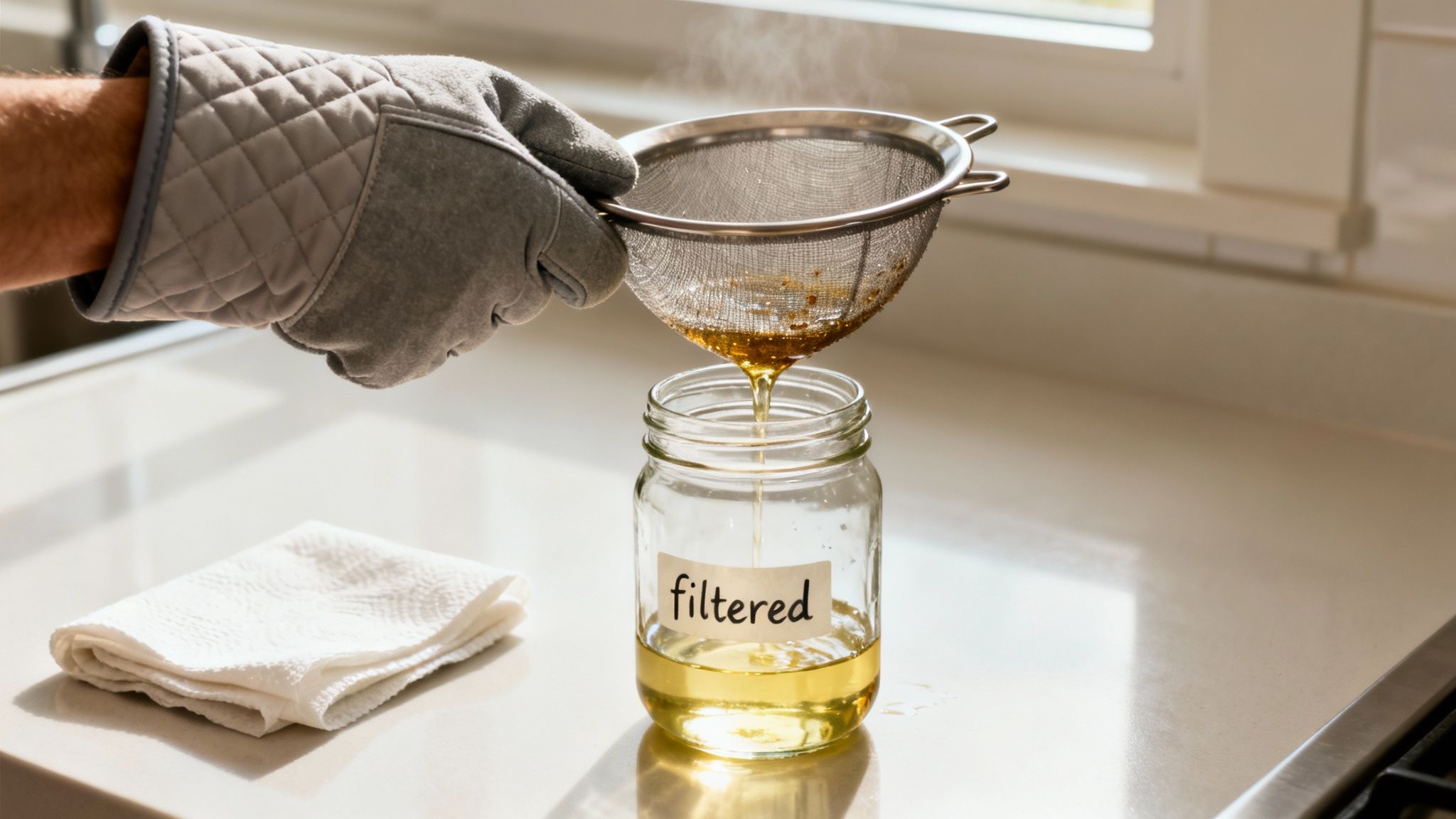 A gloved hand filters hot oil through a sieve into a jar labeled 'filtered'.