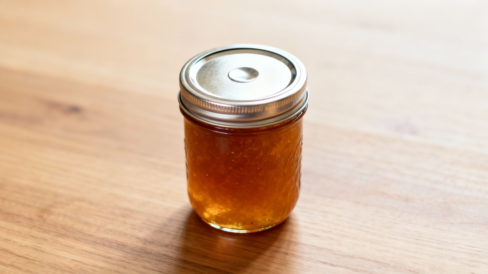 A glass canning jar filled with homemade amber-colored fruit jam or jelly sits on a wooden table.