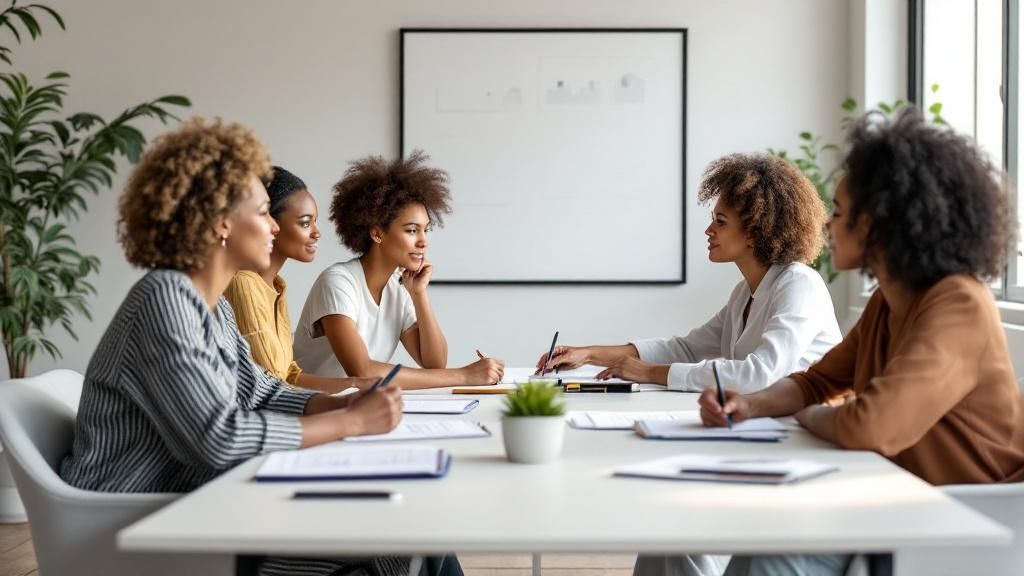A diverse group of women engaged in a leadership training session, collaborating at a table.
