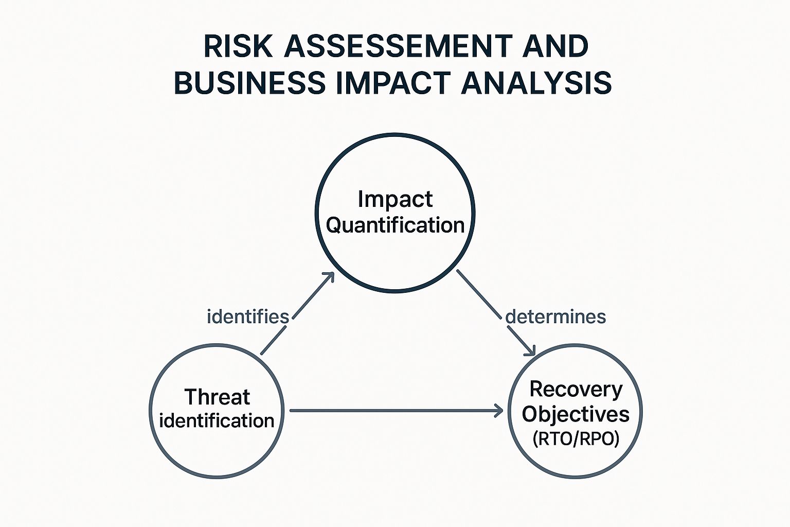 Infographic showing the interconnected concepts of Threat Identification, Impact Quantification, and Recovery Objectives within a Business Impact Analysis.