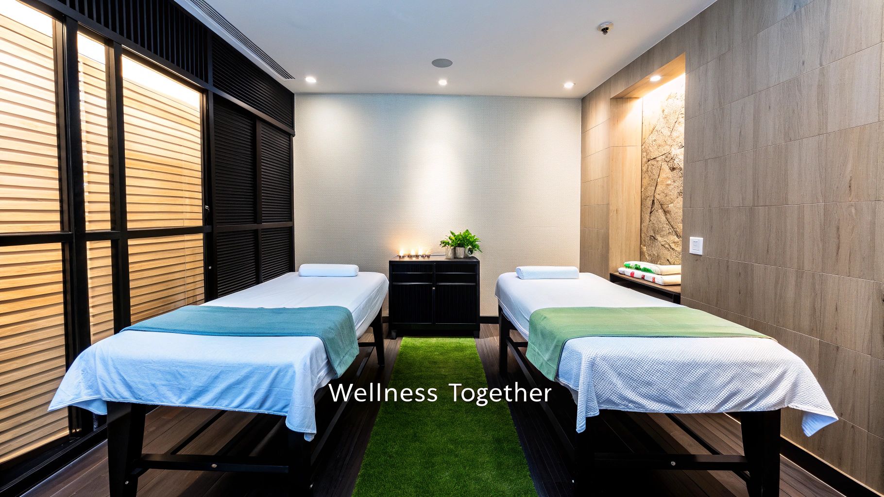 A serene, candlelit spa room with two massage beds, feathers, and crystals.