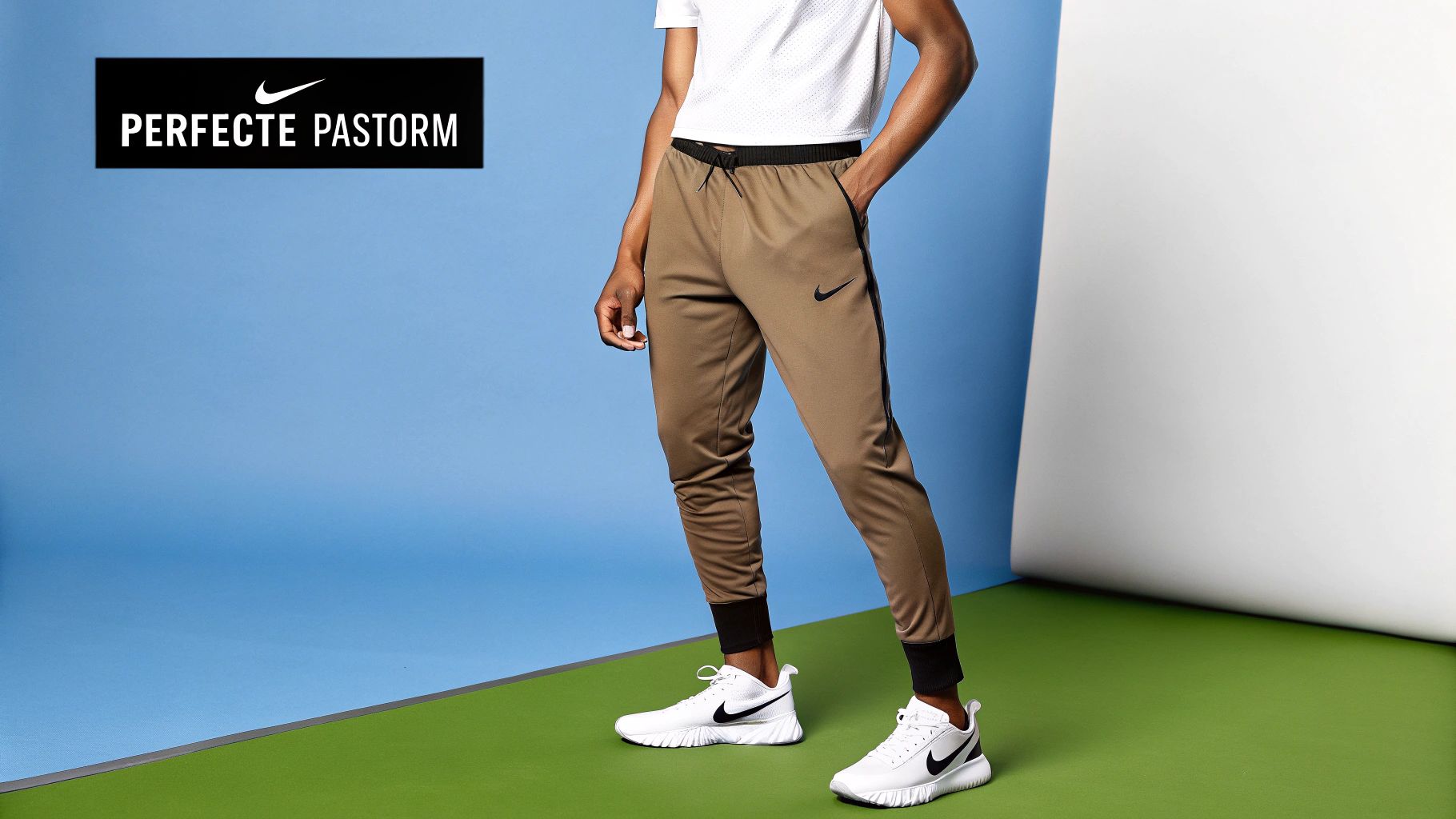 Man draagt bruine Nike trainingsbroek, wit T-shirt en witte sneakers. Tekst: PERFECTE PASTORM.