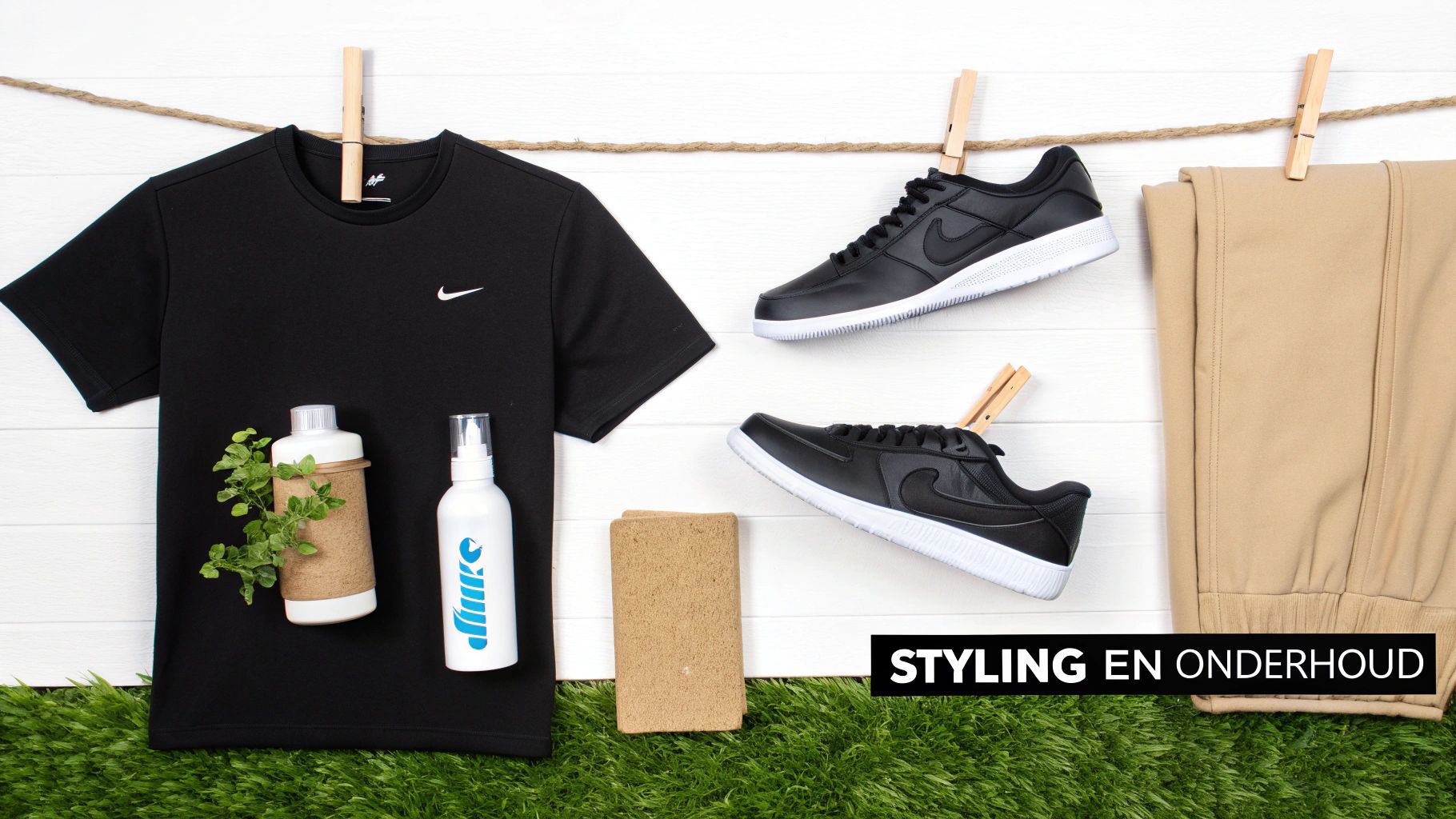Een outfit met zwarte Nike T-shirt, sneakers en beige broek, hangend aan een lijn met verzorgingsproducten.