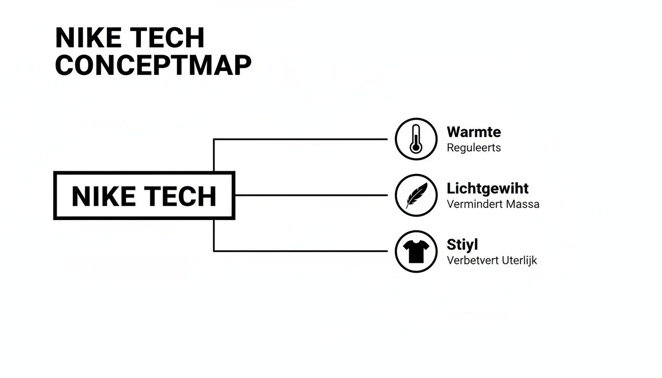Een conceptkaart van Nike Tech, met pijlen naar de kernconcepten: warmteregulatie, lichtgewicht en stijl.