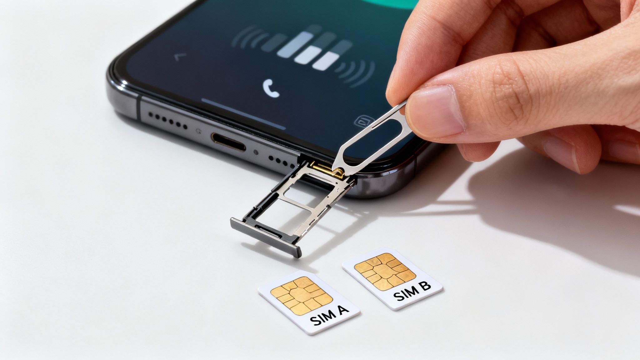 Hand using a SIM ejector tool to remove the dual SIM tray from a smartphone, with two SIM cards nearby.
