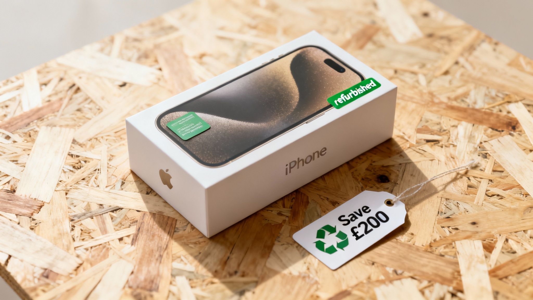 A refurbished iPhone box on a wooden surface, with a 'Save £200' tag and recycling logo.