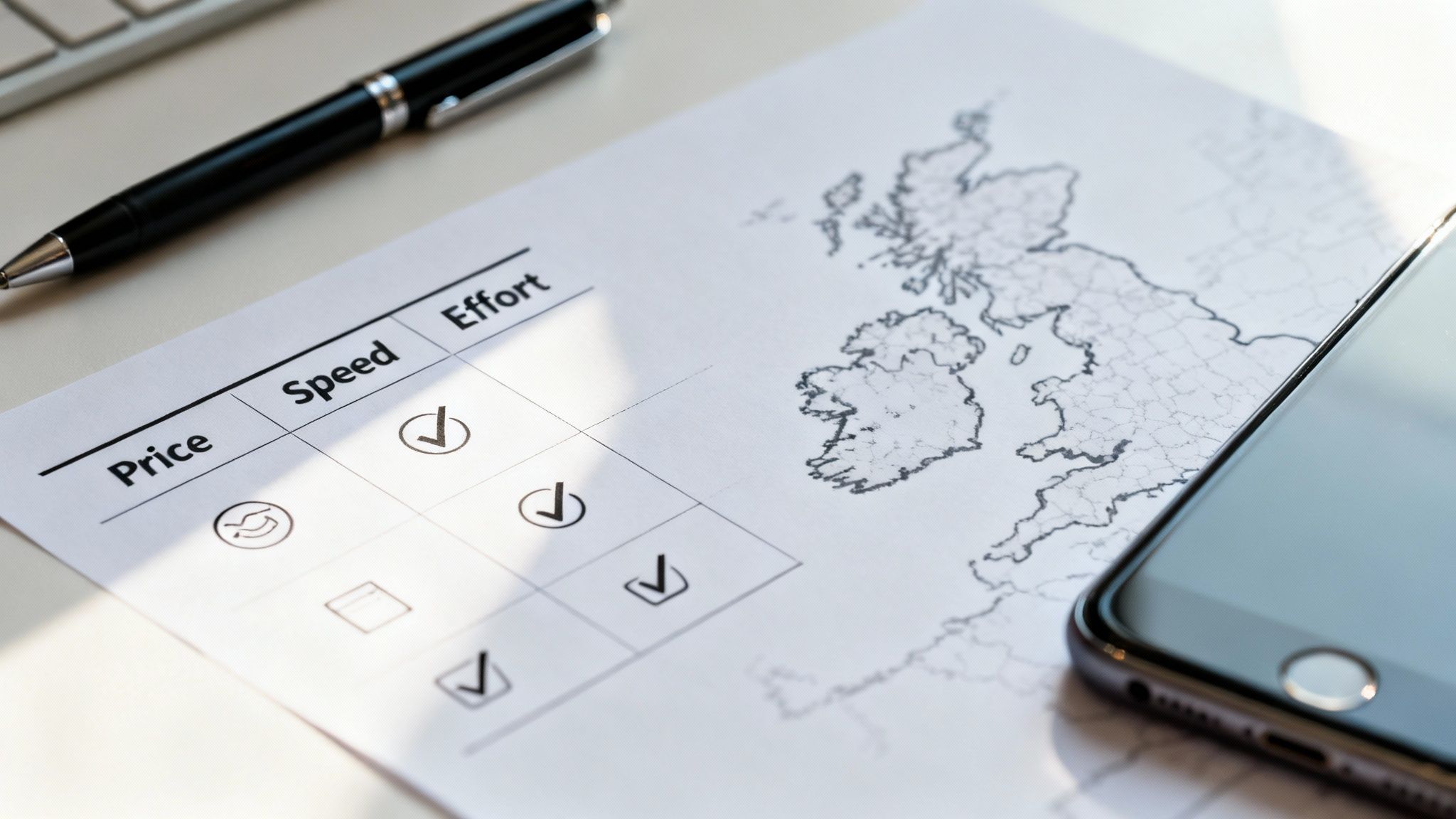 A desk setup with a business document featuring a comparison chart, UK map, pen, and smartphone.