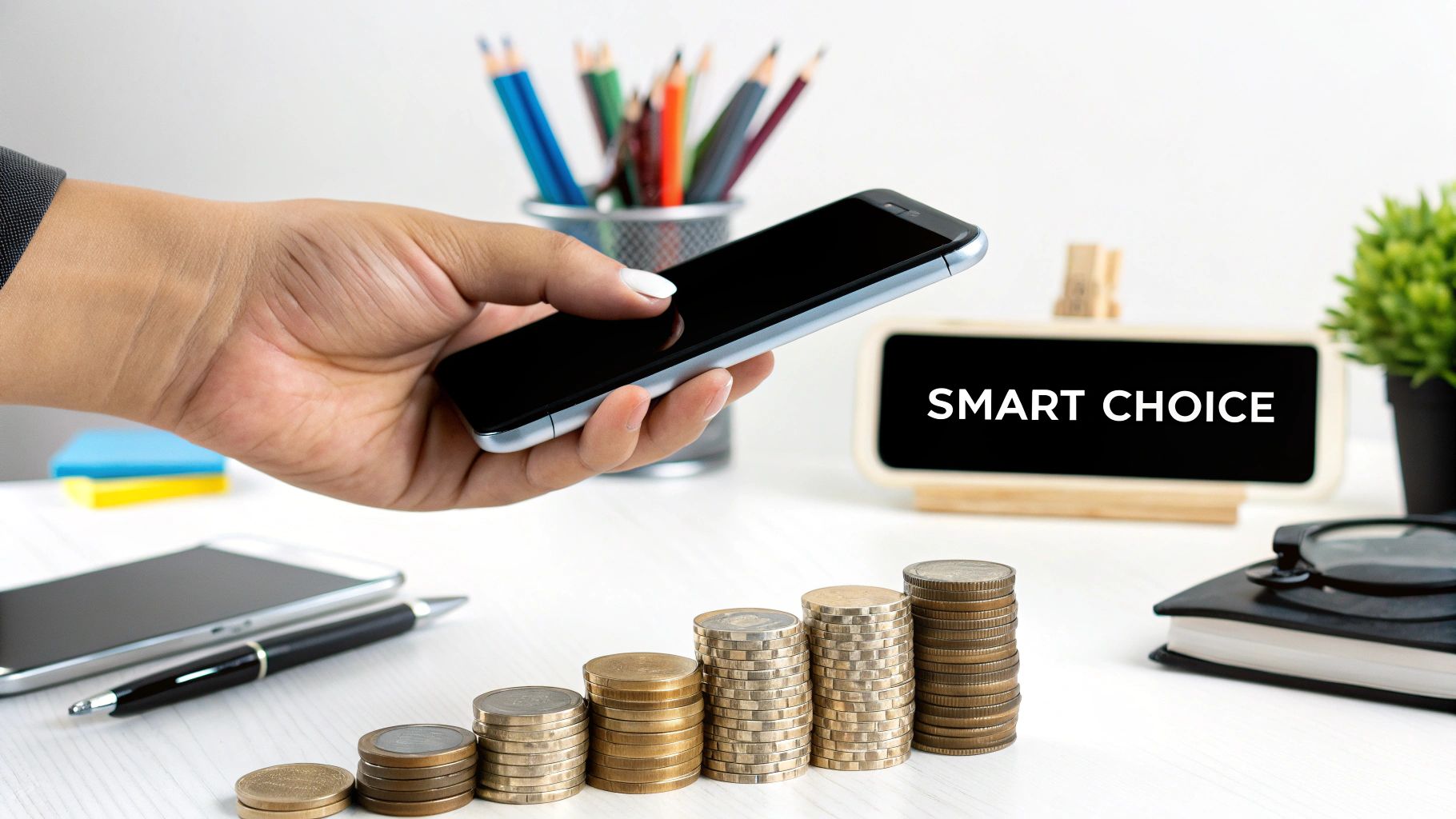 A person holding a modern iPhone, looking happy with their choice.