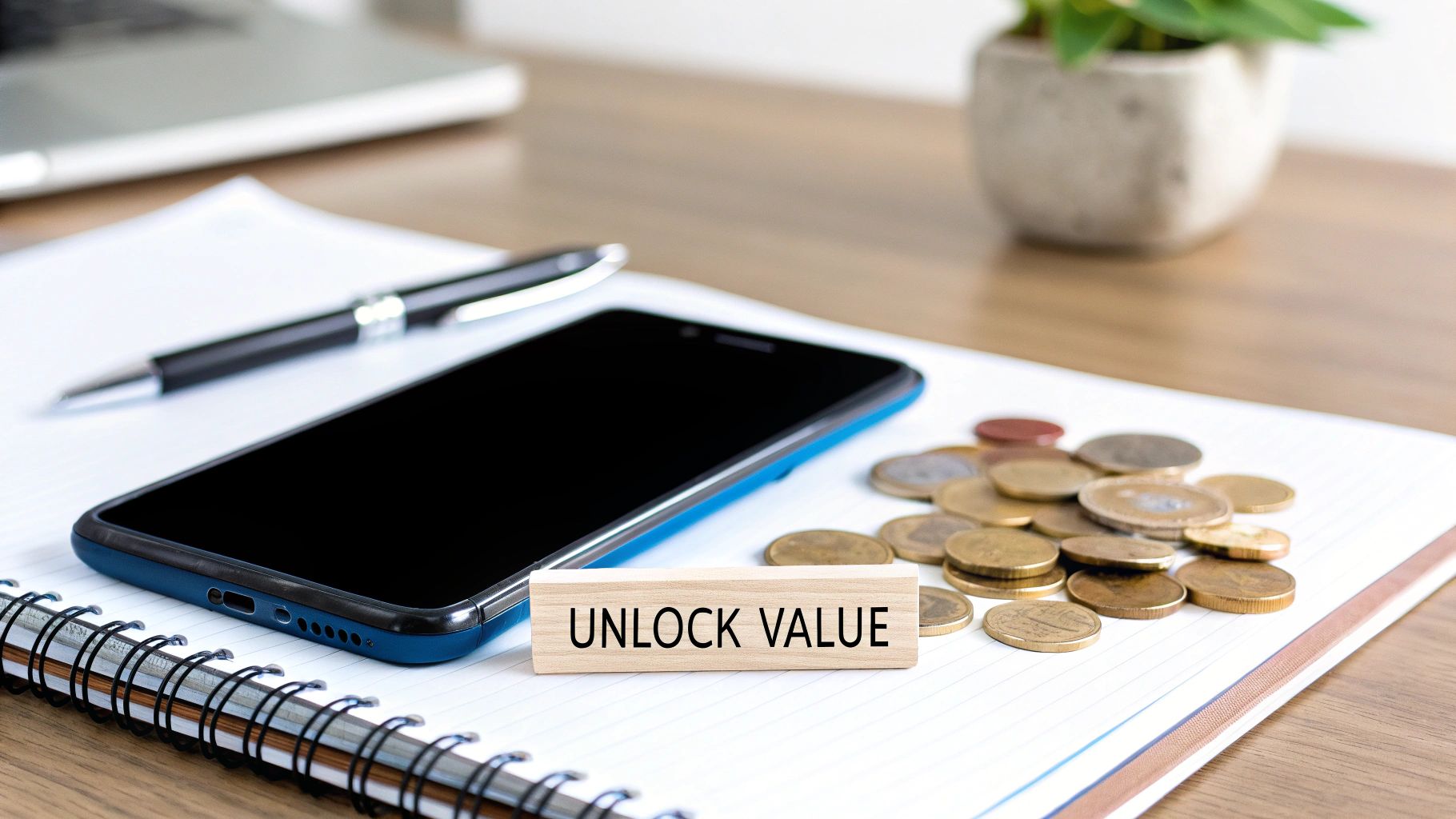 An old smartphone placed next to a piggy bank, symbolising its hidden cash value.