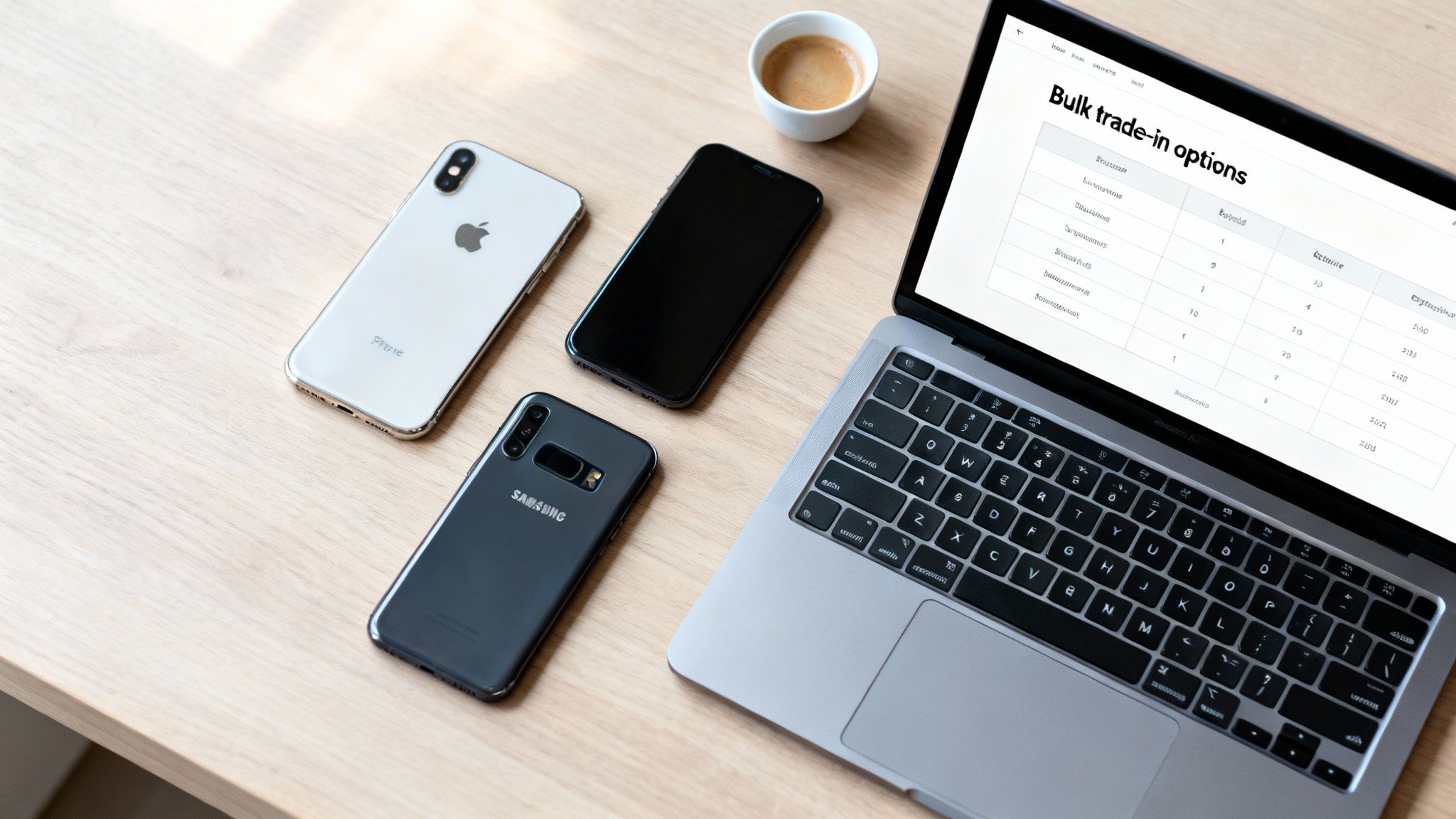 A laptop screen displaying 'Bulk trade-in options' alongside three smartphones and a coffee cup on a wooden desk.