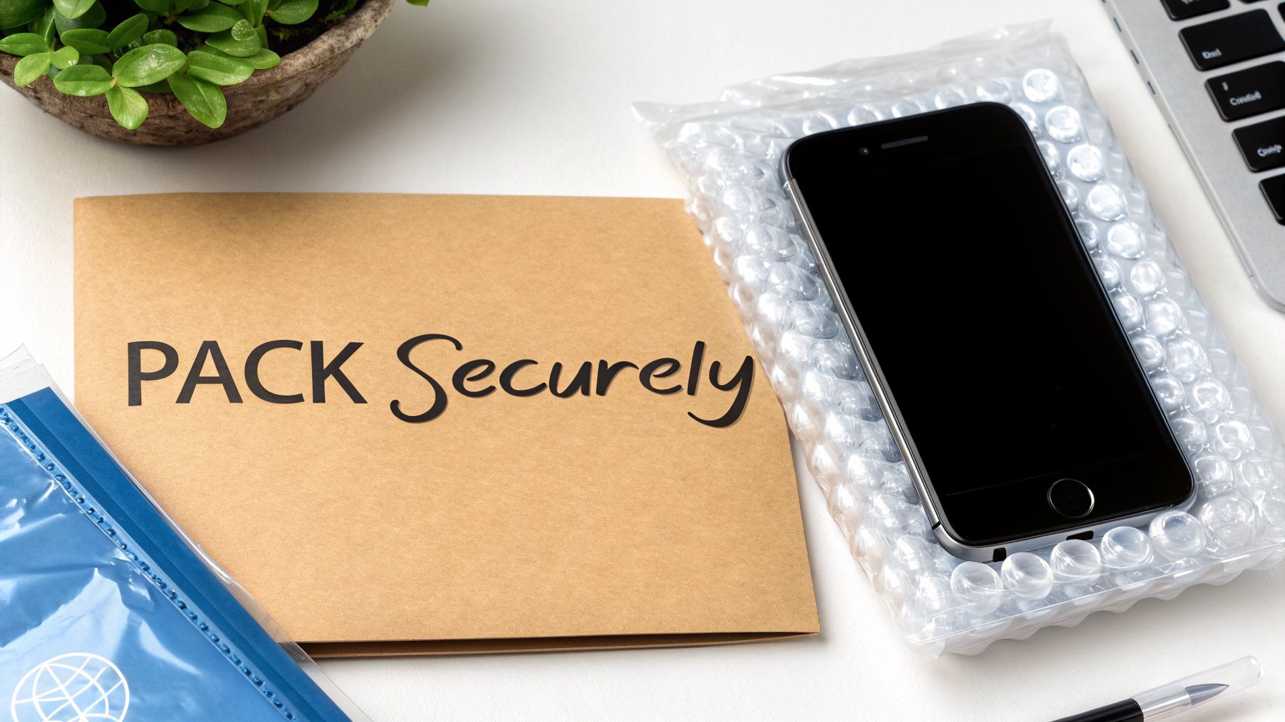 A person carefully placing their iPhone into a padded envelope, ready for postage.