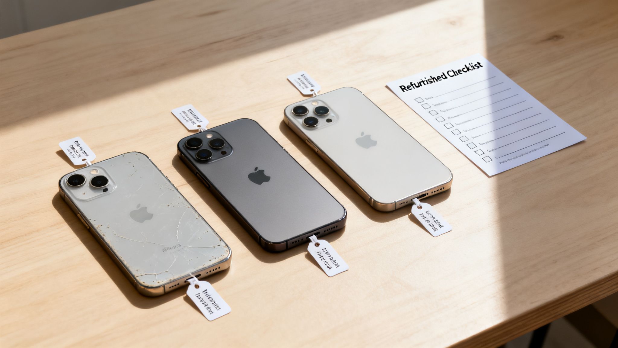 Three iPhones, one damaged, next to a refurbished checklist on a wooden table, showcasing repair process.