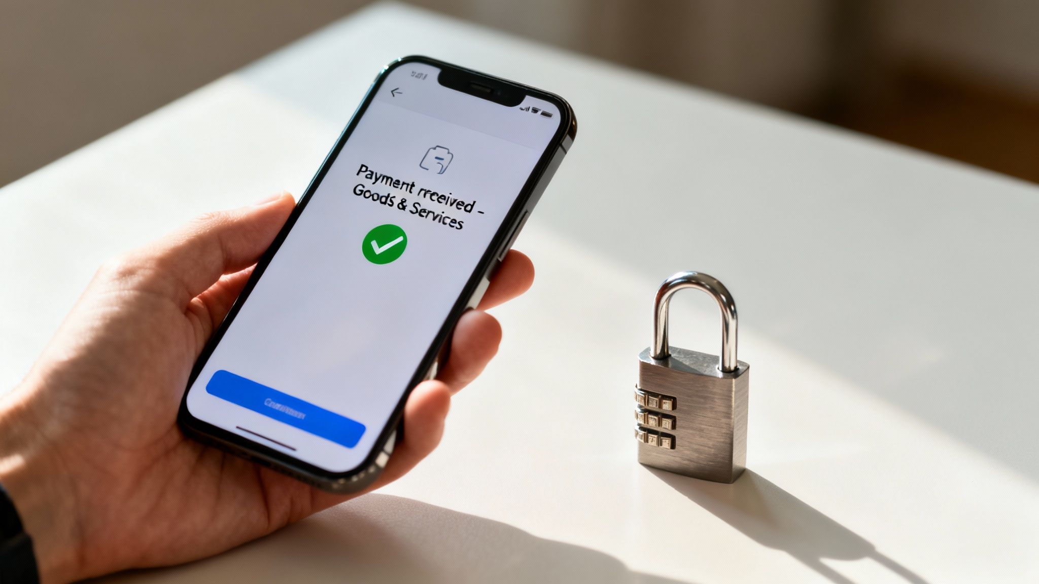 Hand holding a smartphone showing successful payment for goods and services, with a combination padlock.
