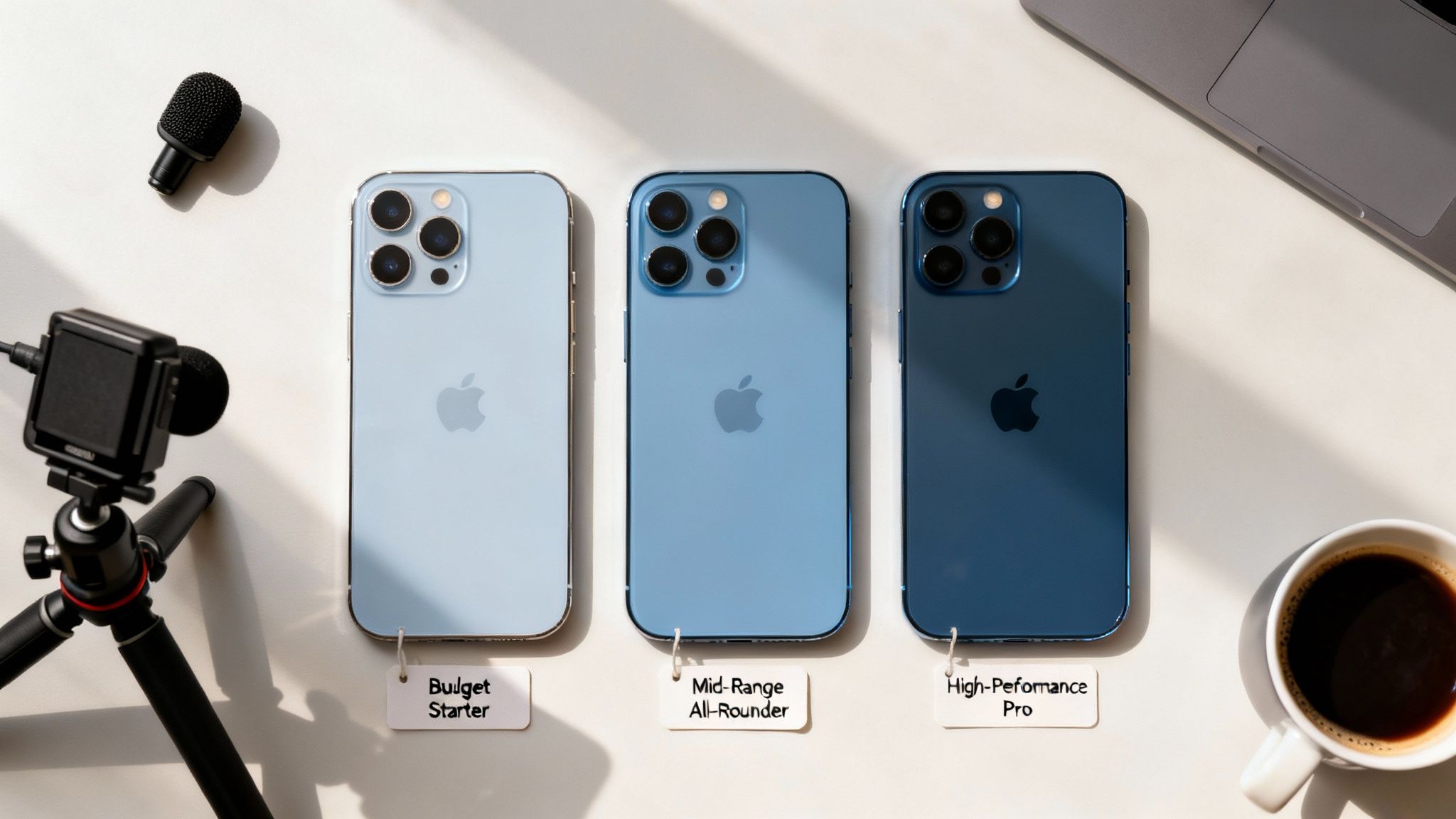 Three blue refurbished iPhones (Budget, Mid-Range, Pro) displayed on a white desk with accessories.