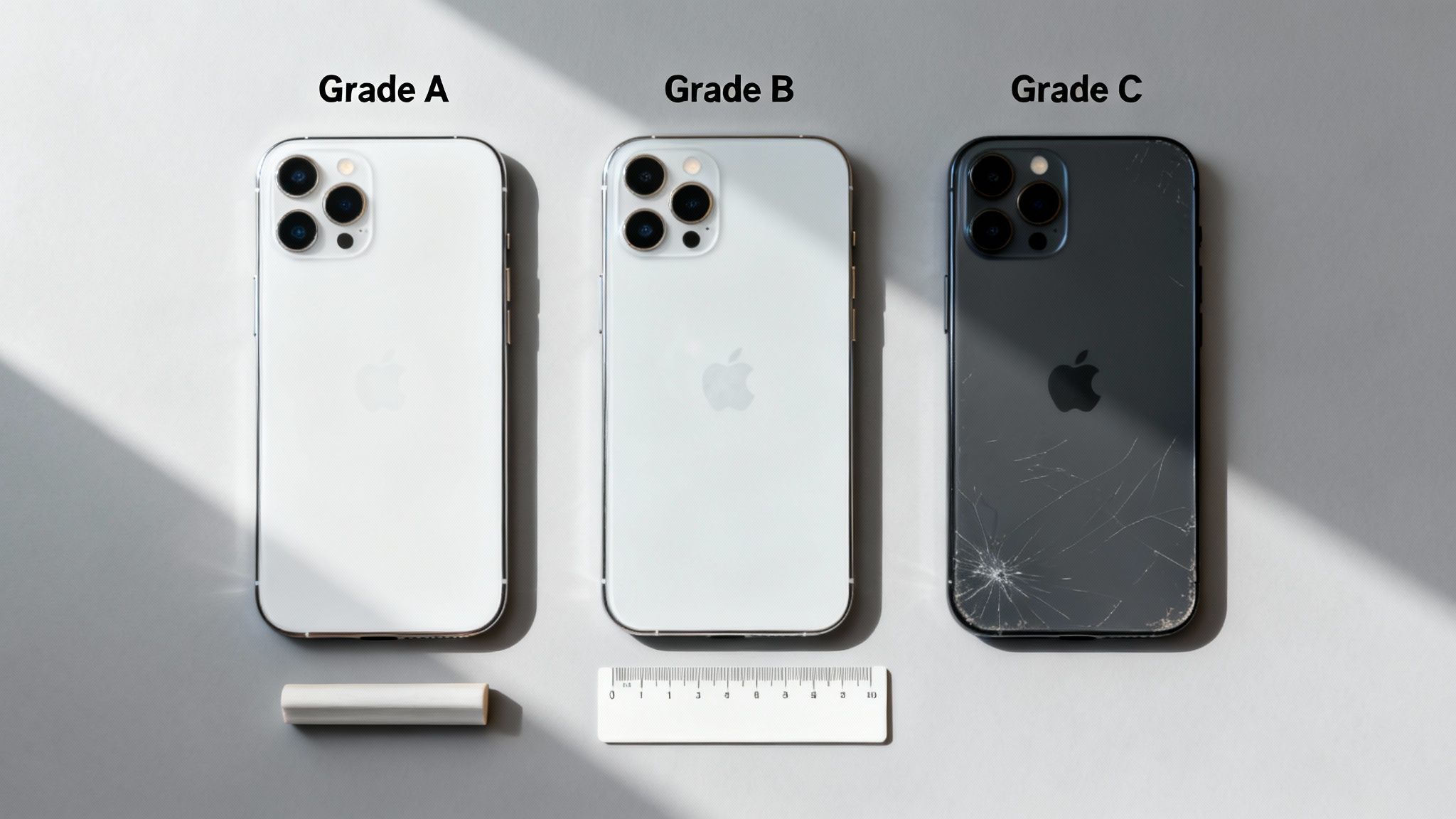 Three iPhones side-by-side illustrate refurbished cosmetic grades: Grade A, B, and C.