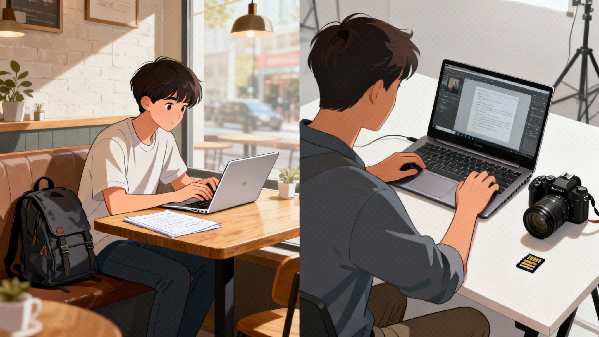A young man works on a laptop in a cozy cafe and a professional studio setup.