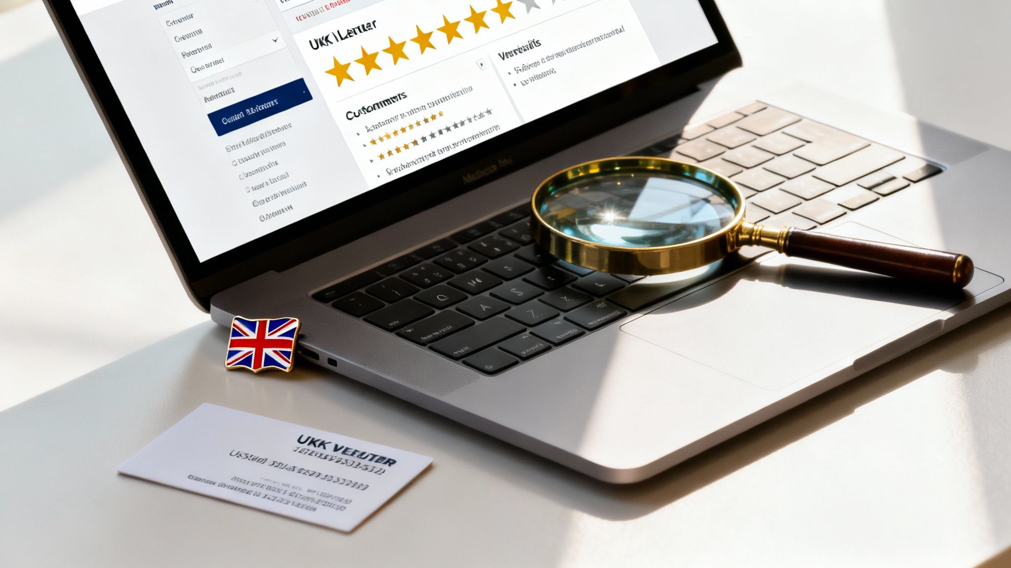 A laptop displaying reviews with a magnifying glass and a British flag pin.