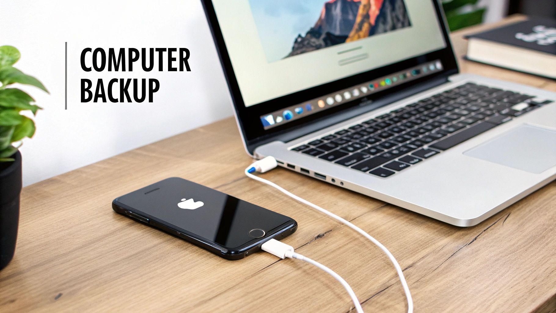 How to Move Everything from an Old iPhone to a New iPhone: A Super Simple Guide 3 An iPhone connected to a laptop with a cable, showing the data transfer process.