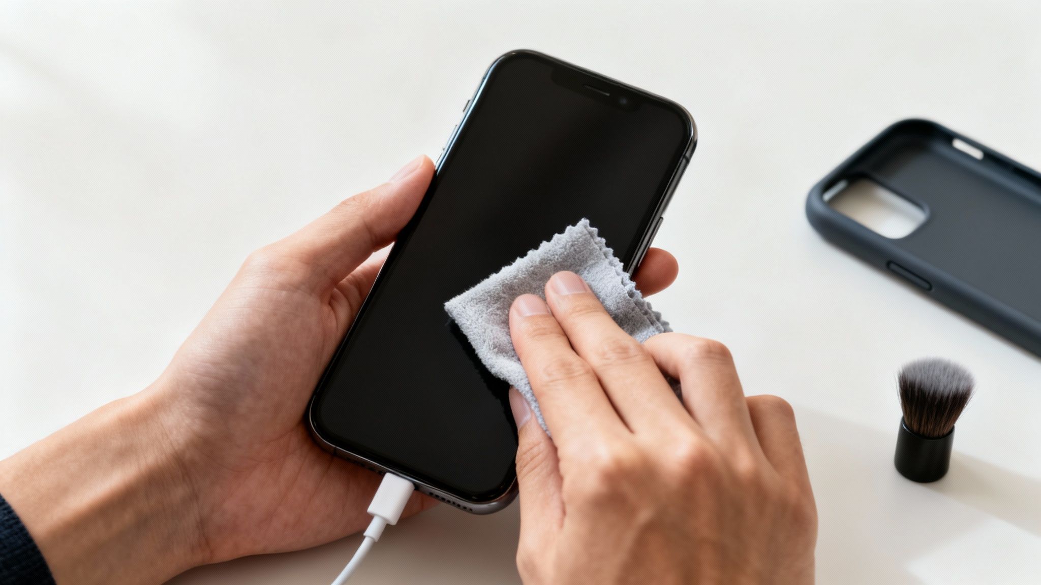 Person cleaning a smartphone screen with a microfiber cloth, with a phone case and brush in the background.