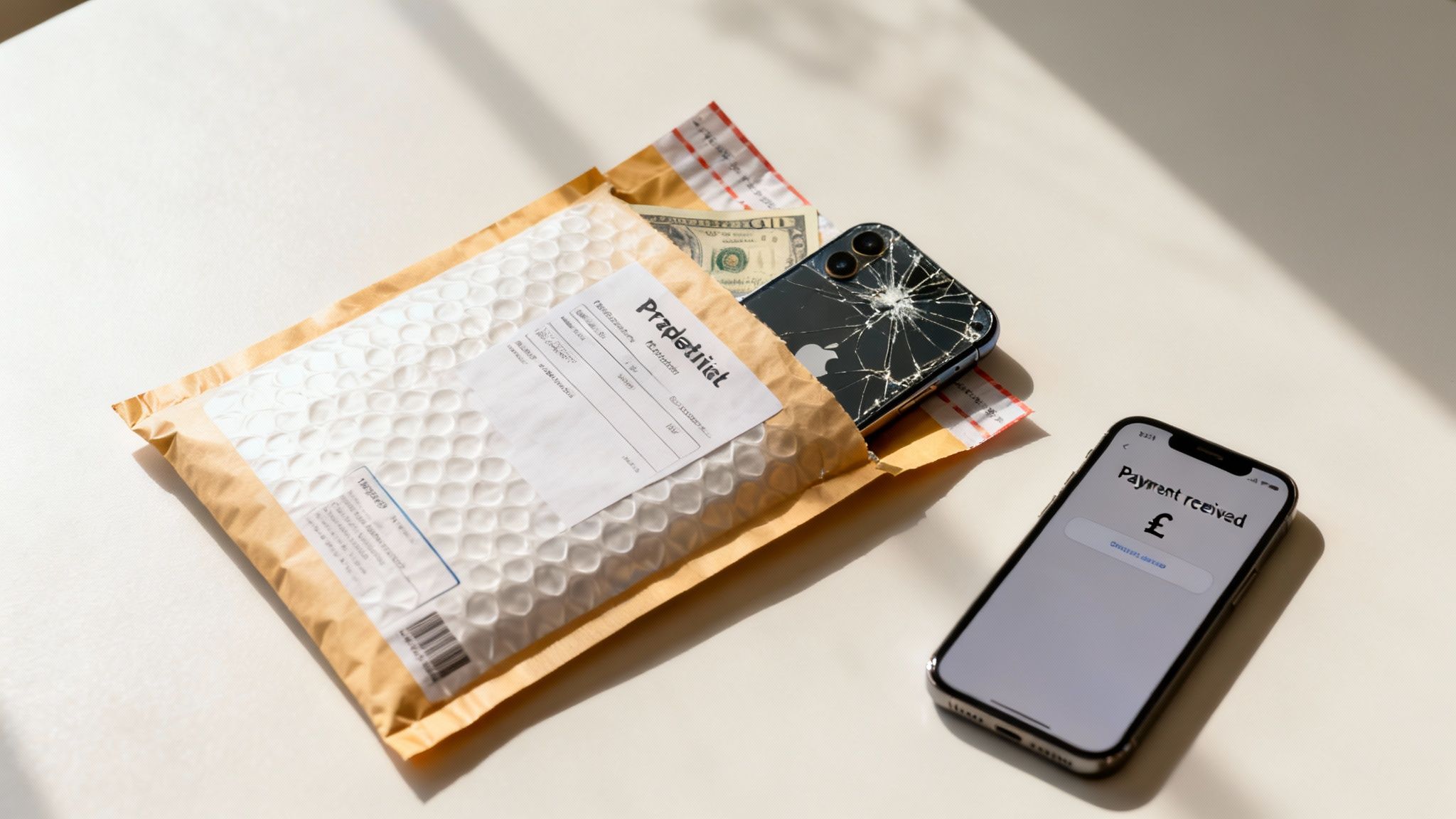 A damaged iPhone and cash spilling from a padded envelope, beside a phone showing payment confirmation.