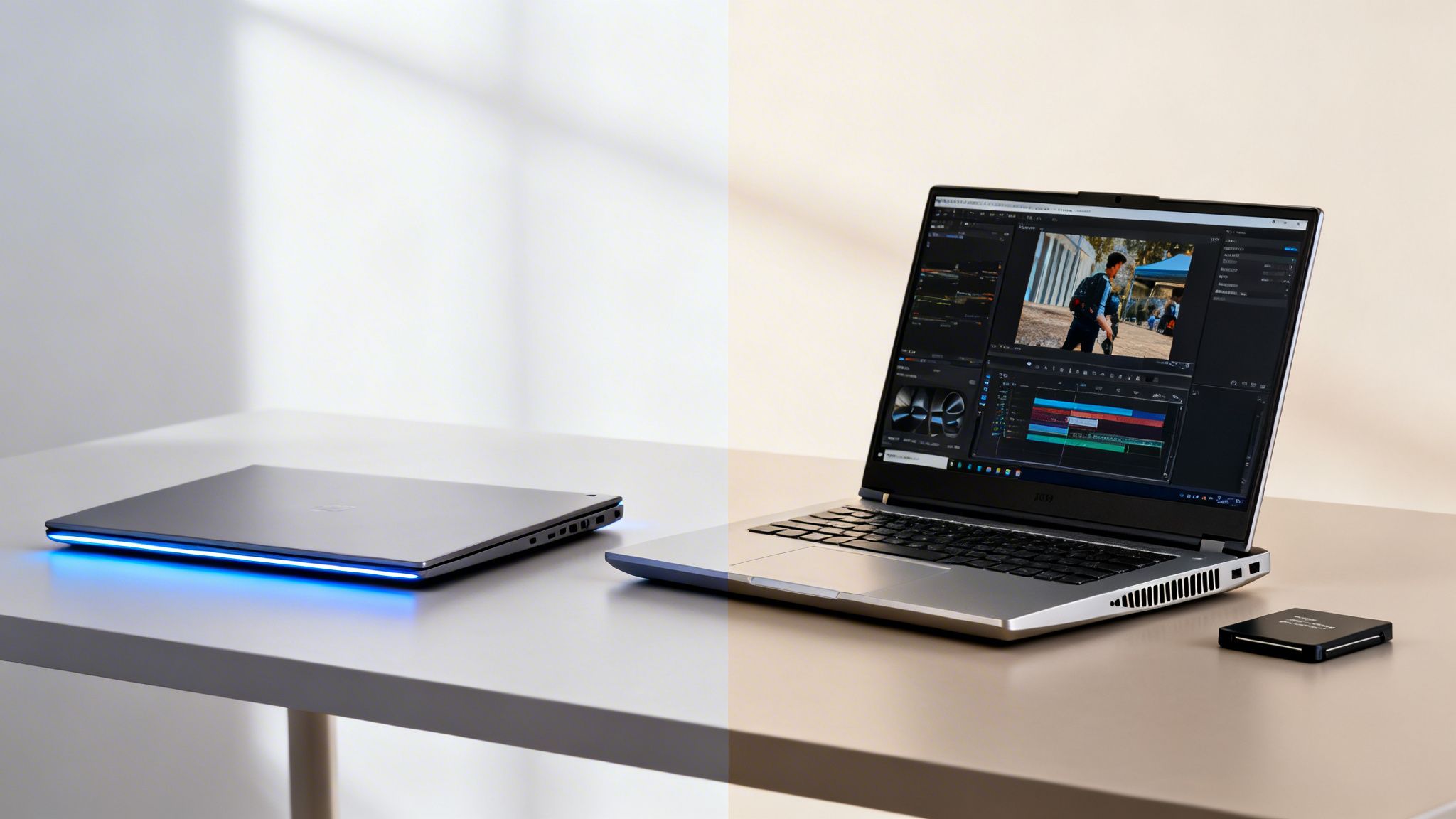 Two sleek laptops on a white desk, one open showing video editing software, the other closed with a glowing blue light strip.