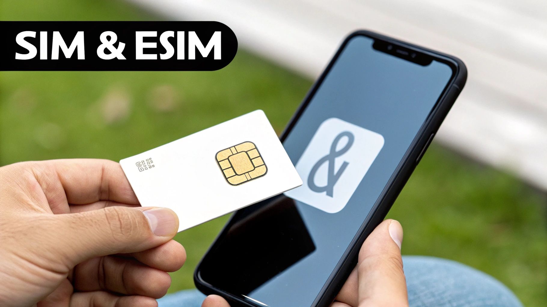 A close-up of a person holding a physical SIM card next to a modern smartphone displaying an eSIM icon.