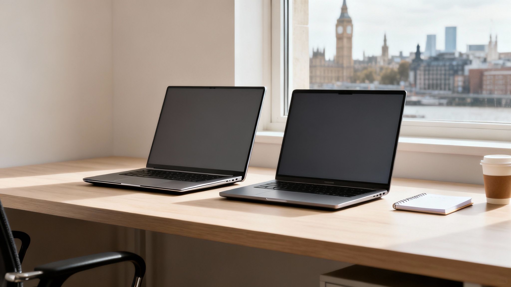 Two silver laptops on a light wooden desk in front of a window overlooking a city.