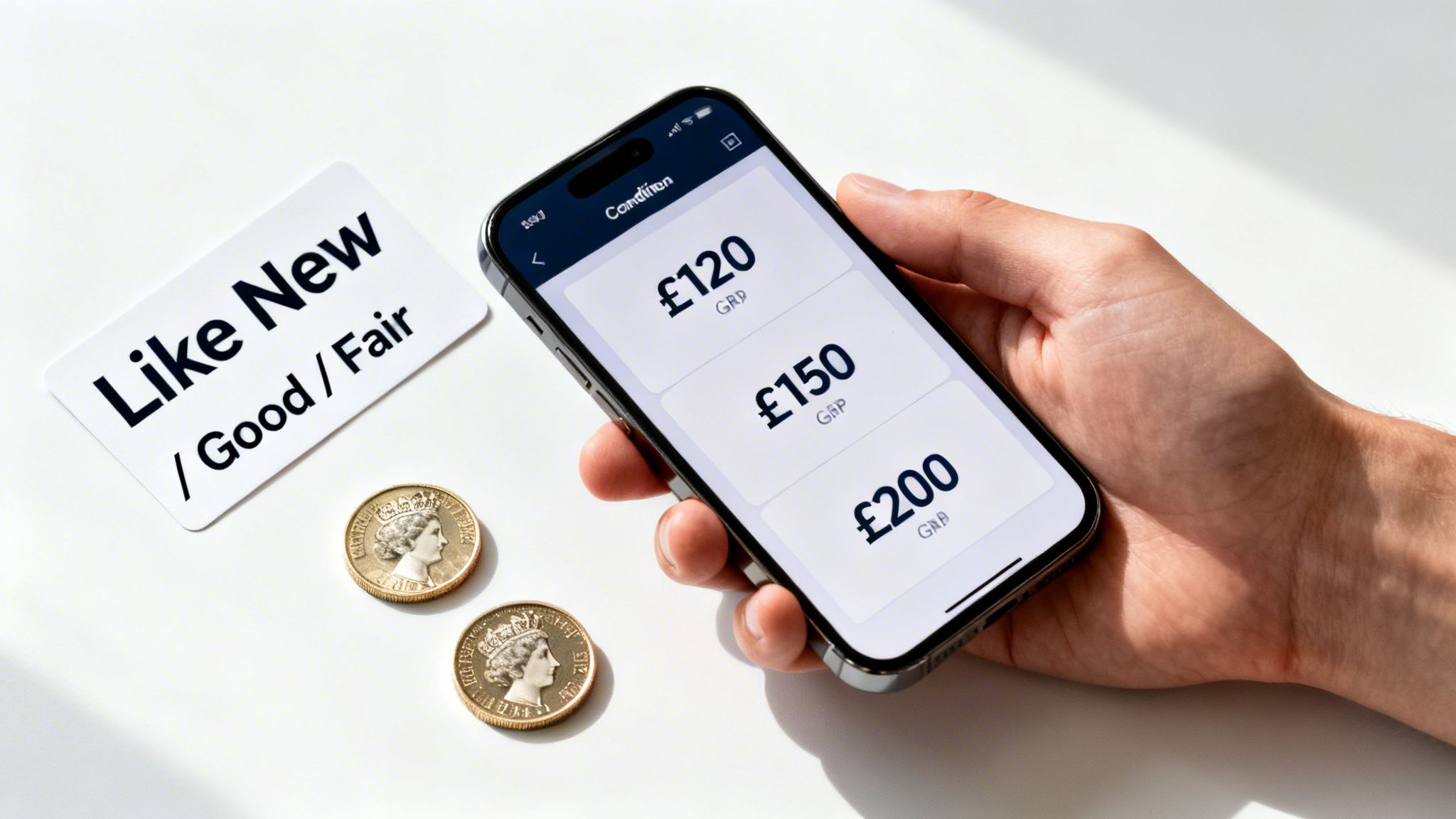 Hand holding a smartphone displaying prices for phone conditions, next to a condition card and British coins.
