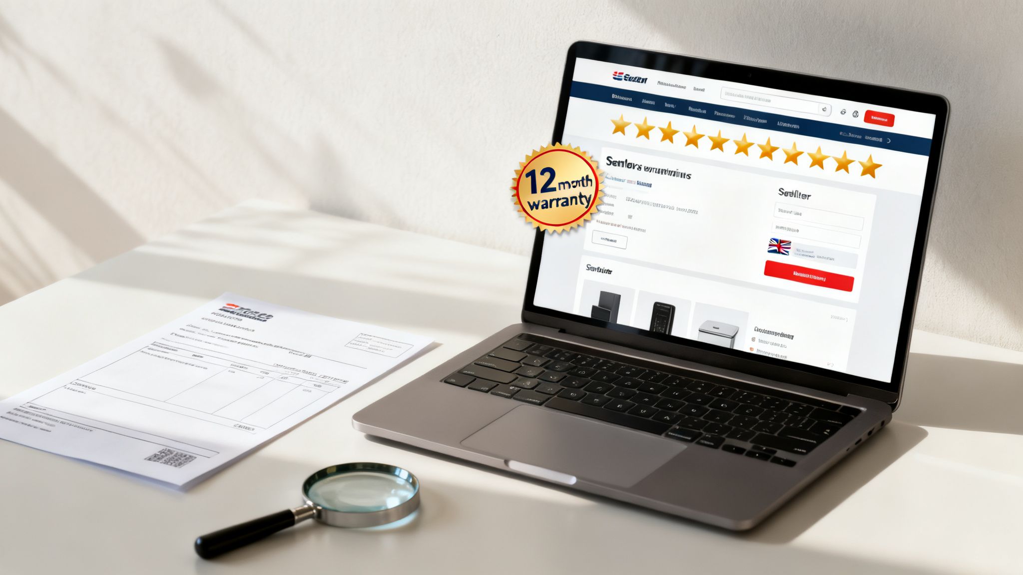 Laptop displaying an e-commerce site with a 12-month warranty and product reviews, next to an invoice.