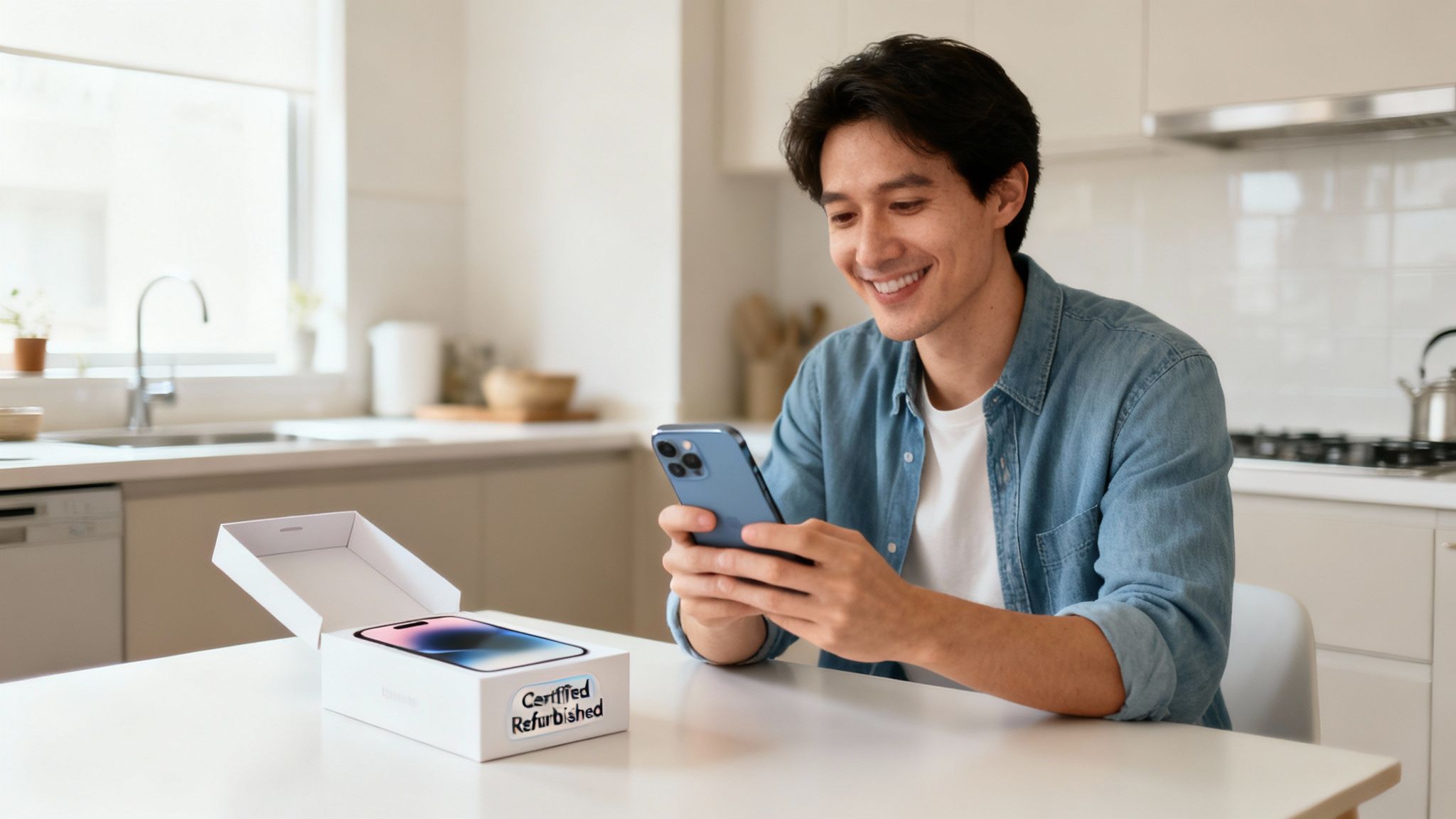 A happy man uses a blue smartphone next to an open 'Certified Refurbished' box.