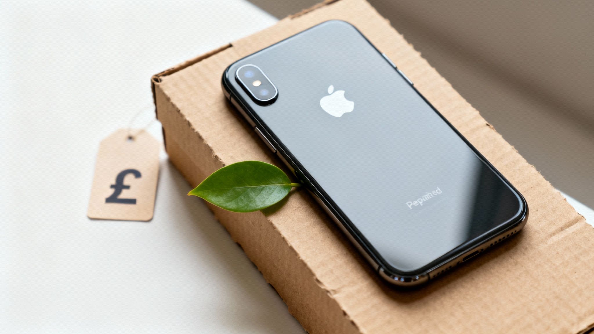 Black refurbished iPhone lies on a cardboard box next to a price tag and green leaf.