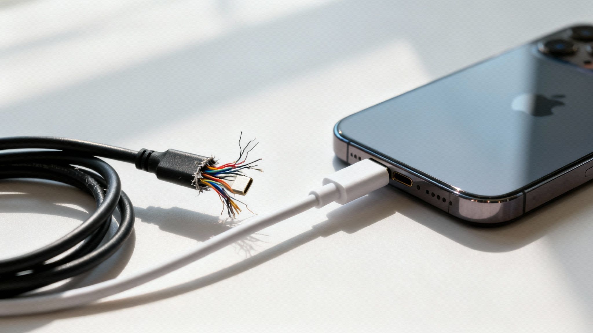 A damaged black USB-C cable with exposed wires connected to a white charging cable plugged into an iPhone.