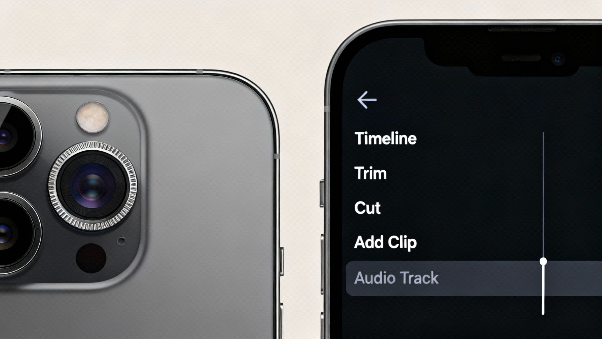 Close-up of a smartphone's triple camera setup and another smartphone displaying video editing options.