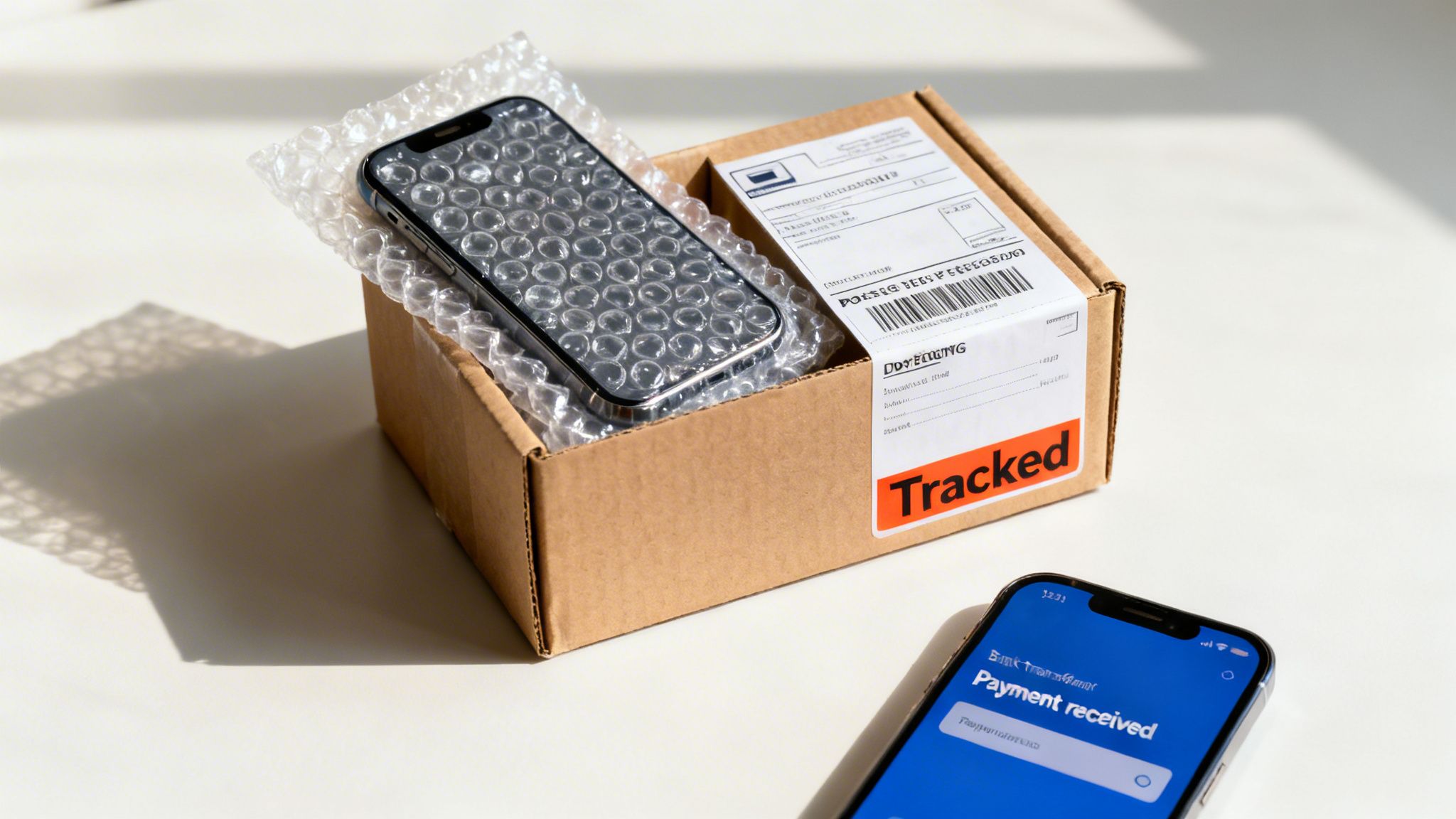 A smartphone in bubble wrap inside a delivery box next to a phone showing 'Payment received'.