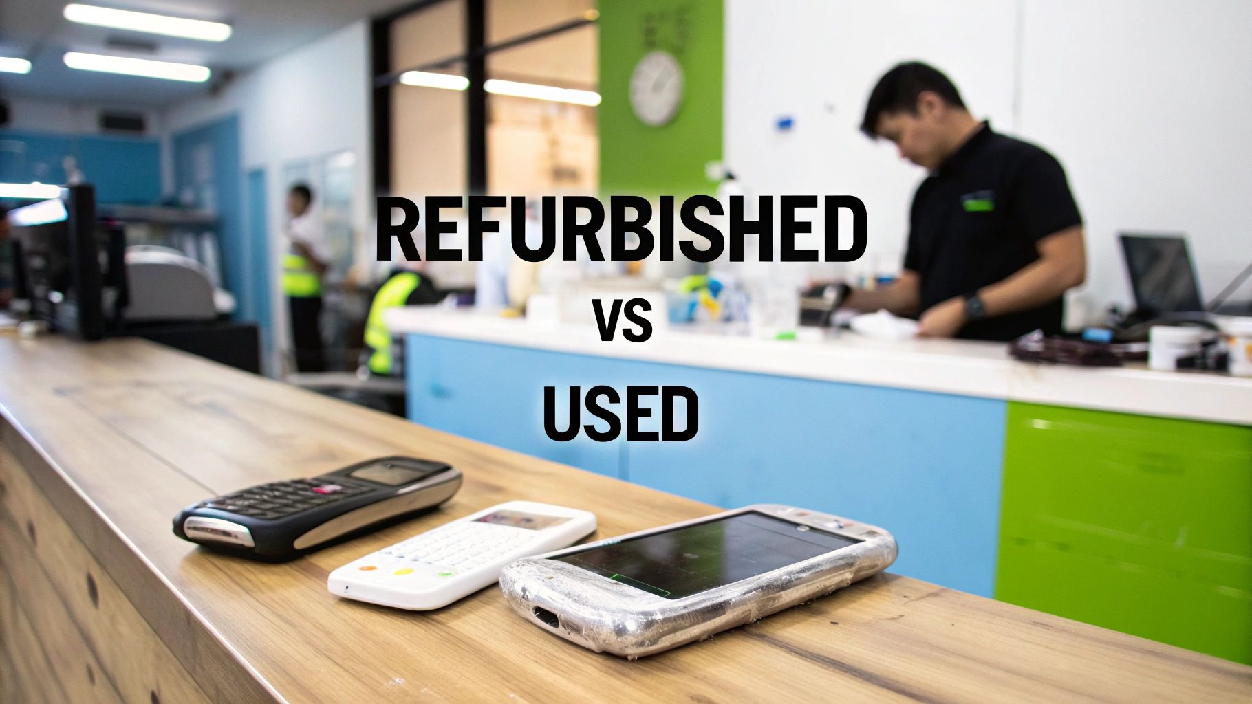 A side-by-side comparison of a professionally refurbished iPhone and a scratched second-hand iPhone.